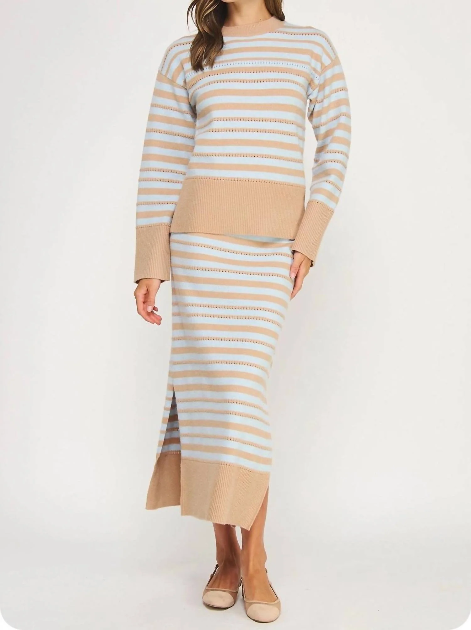 Knit Midi Skirt In Taupe & Sky Blue - Image 2