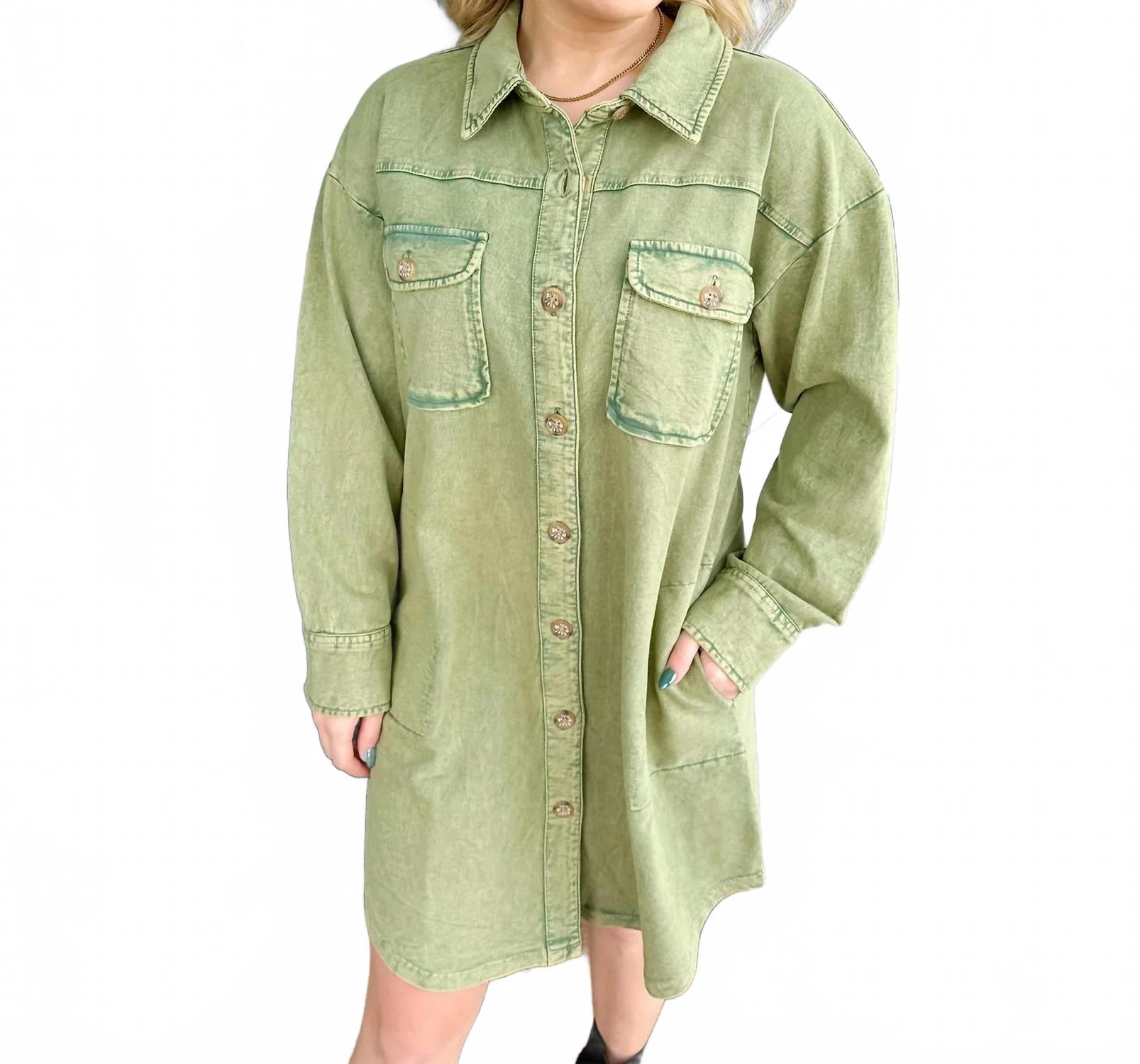 Knit Shacket Dress In Olive - Image 2