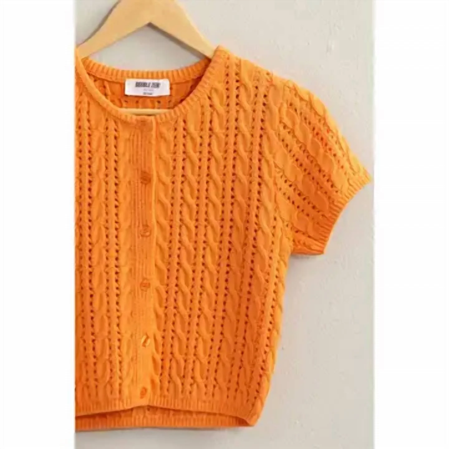 Knit Short Sleeve Cardigan In Orange - Image 2