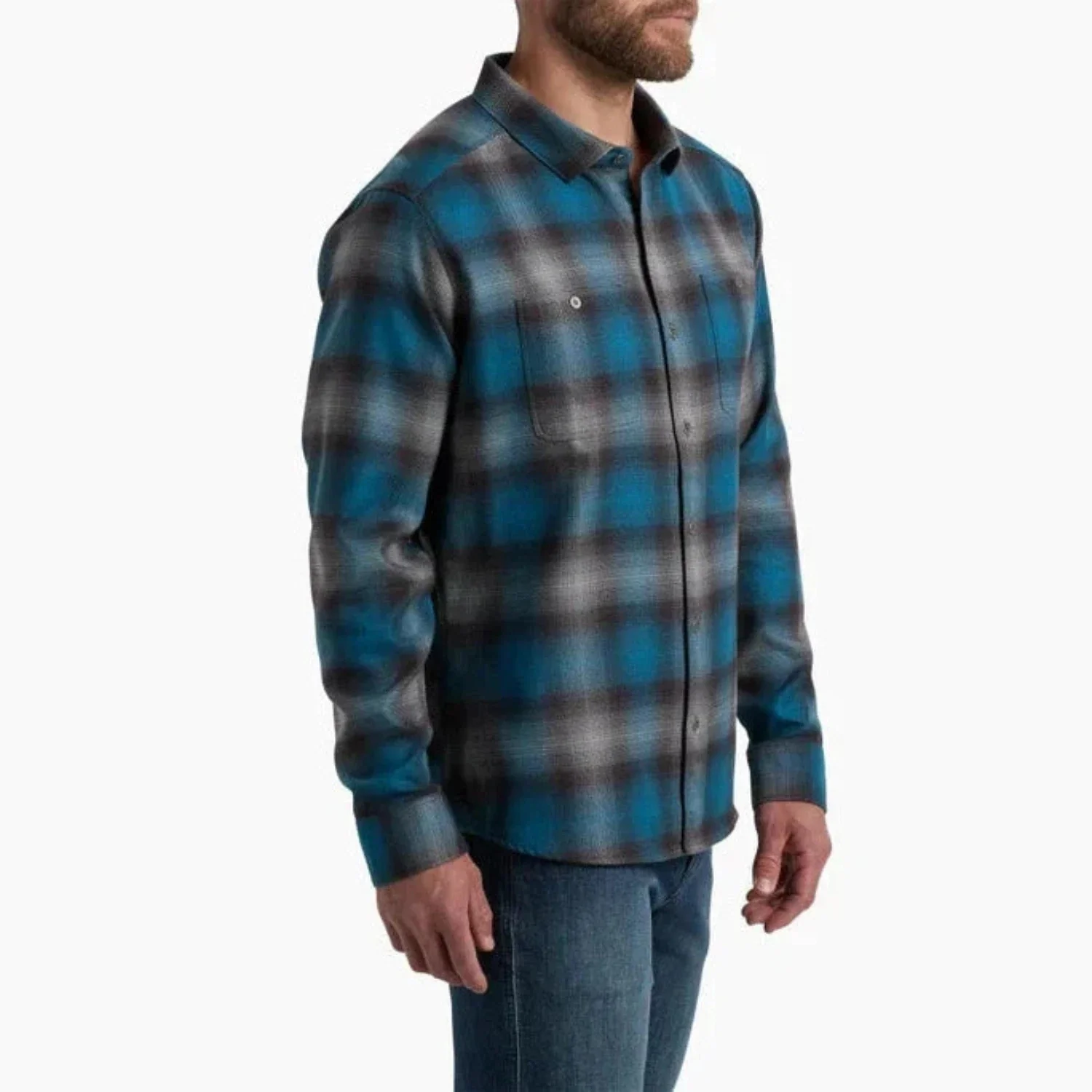 Kuhl Flannel Shirt Men's Blue Lagoon Plaid Long Sleeve Button Up DSGL948 - Image 5