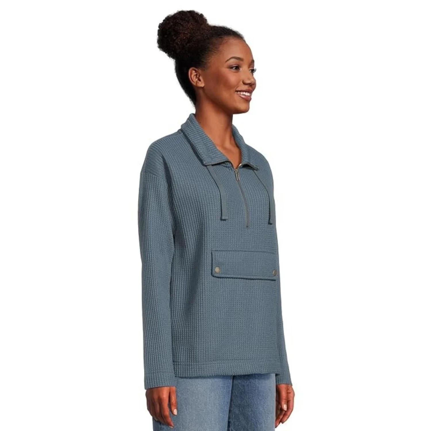L.L.Bean Birchwood Brushed Sweater Women L/REG Rangeley Blue Waffle Knit DDR2365 - Image 2