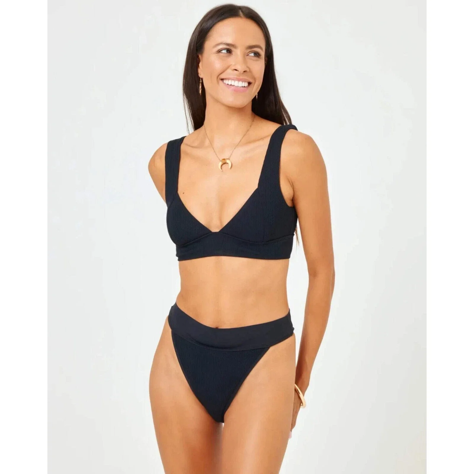 L*Space Hailey Bikini Top Women Black Stretch Thick Strap Swimwear DDR 25