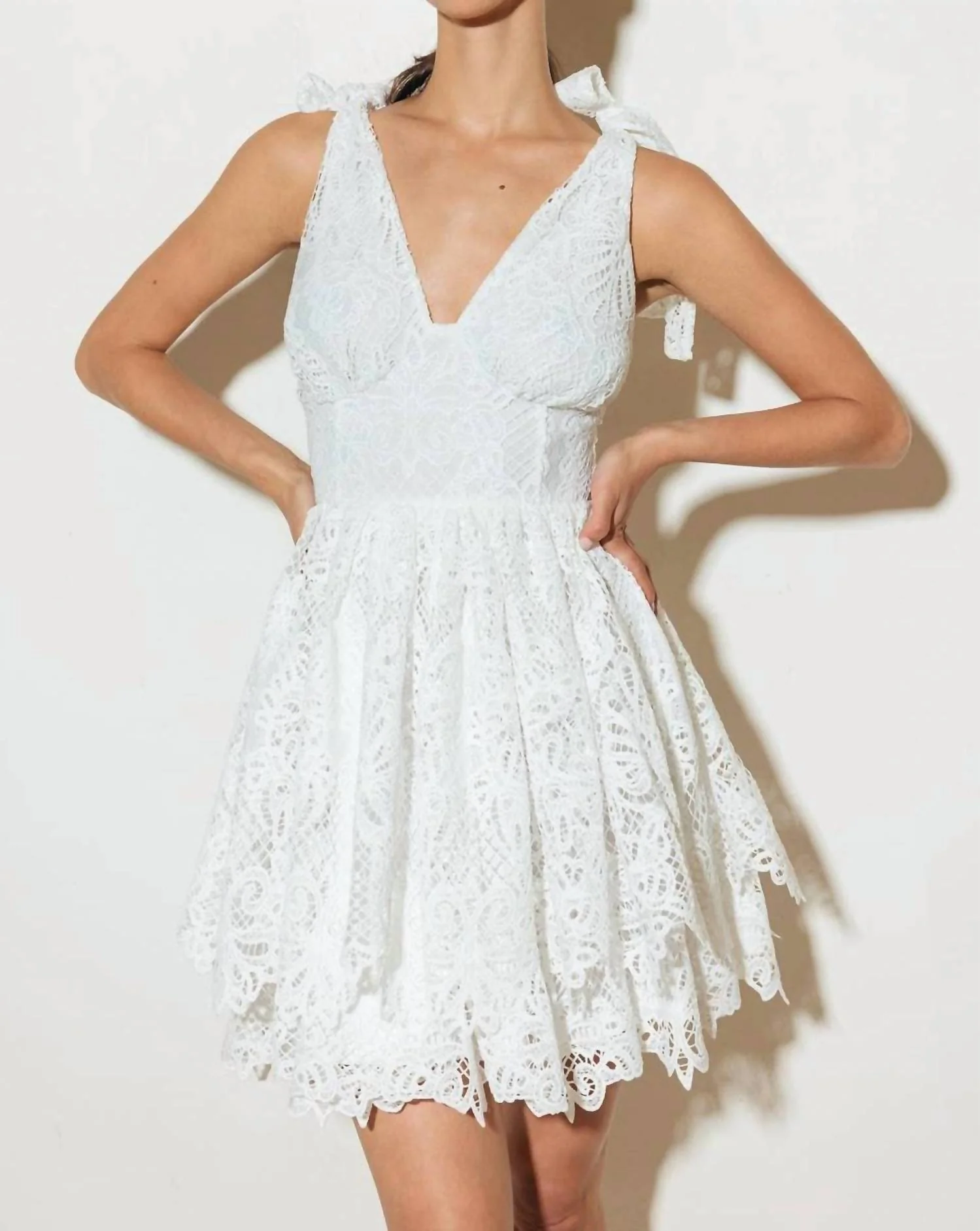 Lace Tie V Neck Mini Dress In White - Image 5