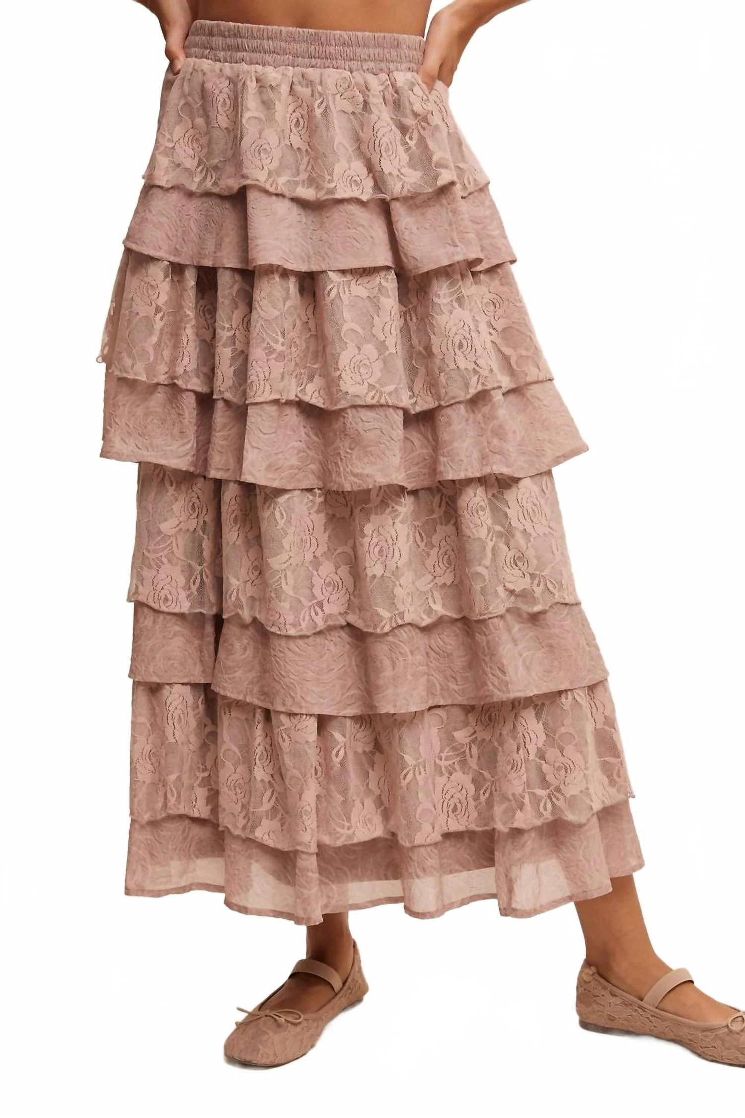 Lace Tiered Maxi Skirt In Light Mocha