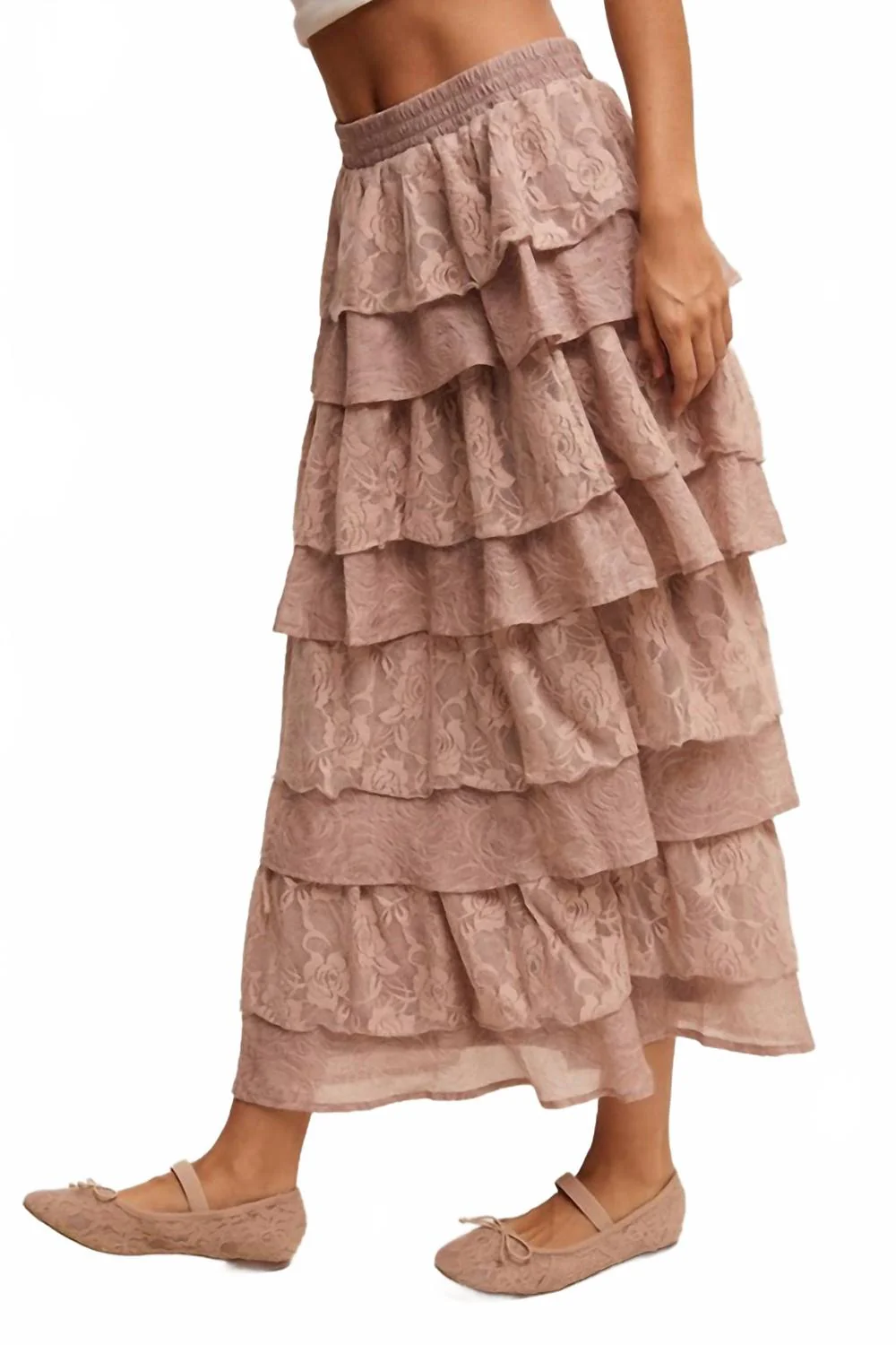 Lace Tiered Maxi Skirt In Light Mocha - Image 3