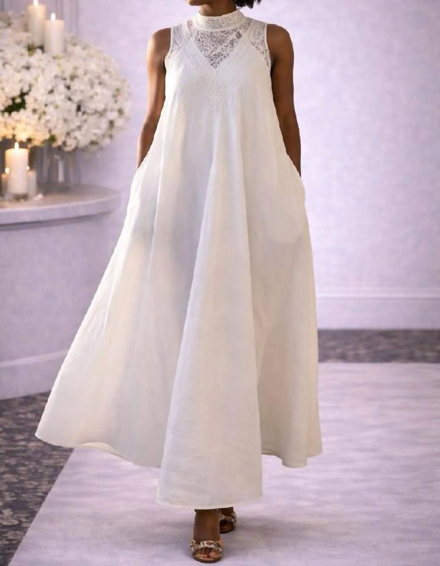 Lace Trim Maxi Dress In White