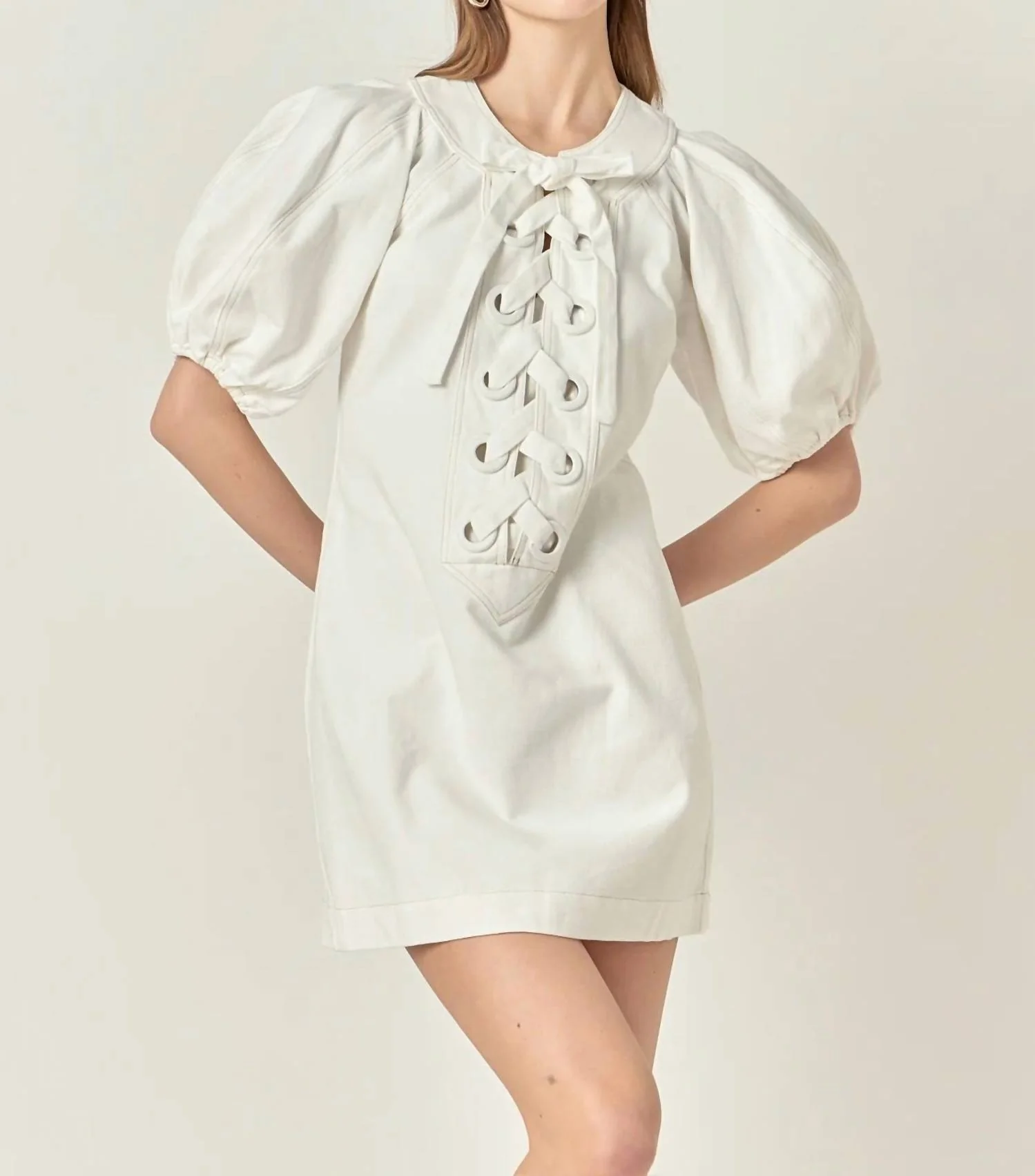 Laced Up Puff Sleeve Mini Dress In White - Image 5