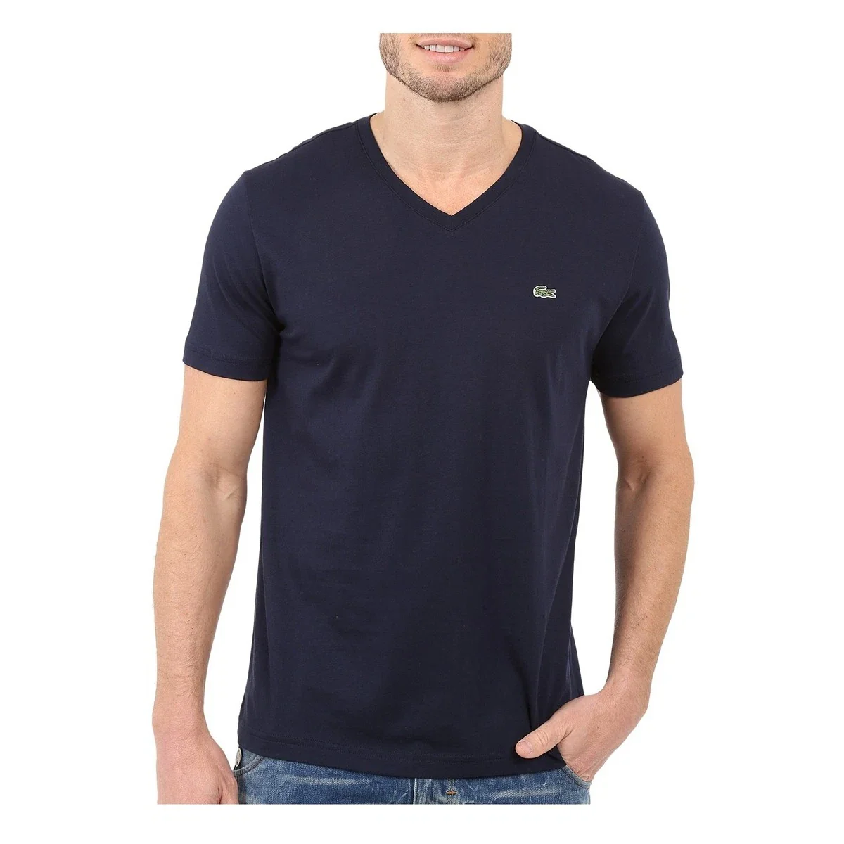 Lacoste T-Shirt Men's Navy 100% Cotton Jersey Short Sleeve V-Neck GBO1499 - Image 3
