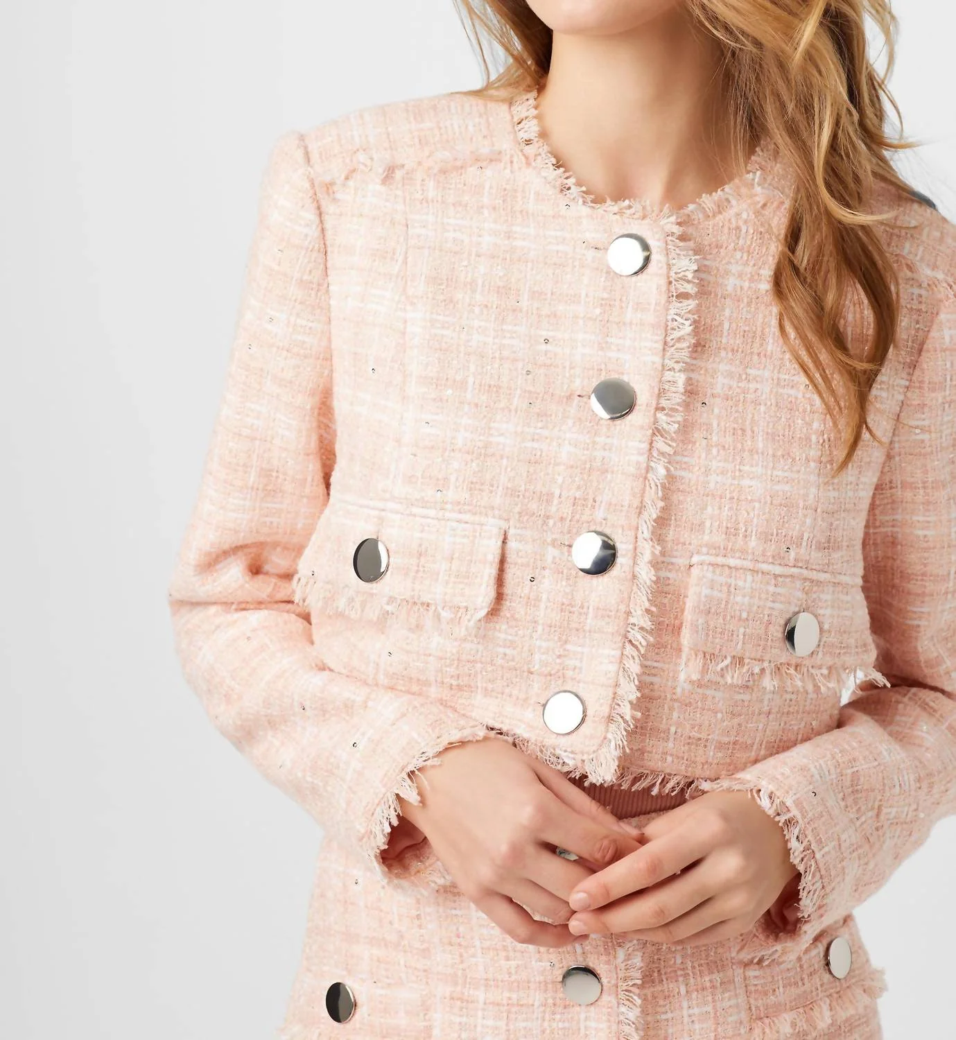 Lainey Crew Neck Tweed Jacket In Pink Sand - Image 3