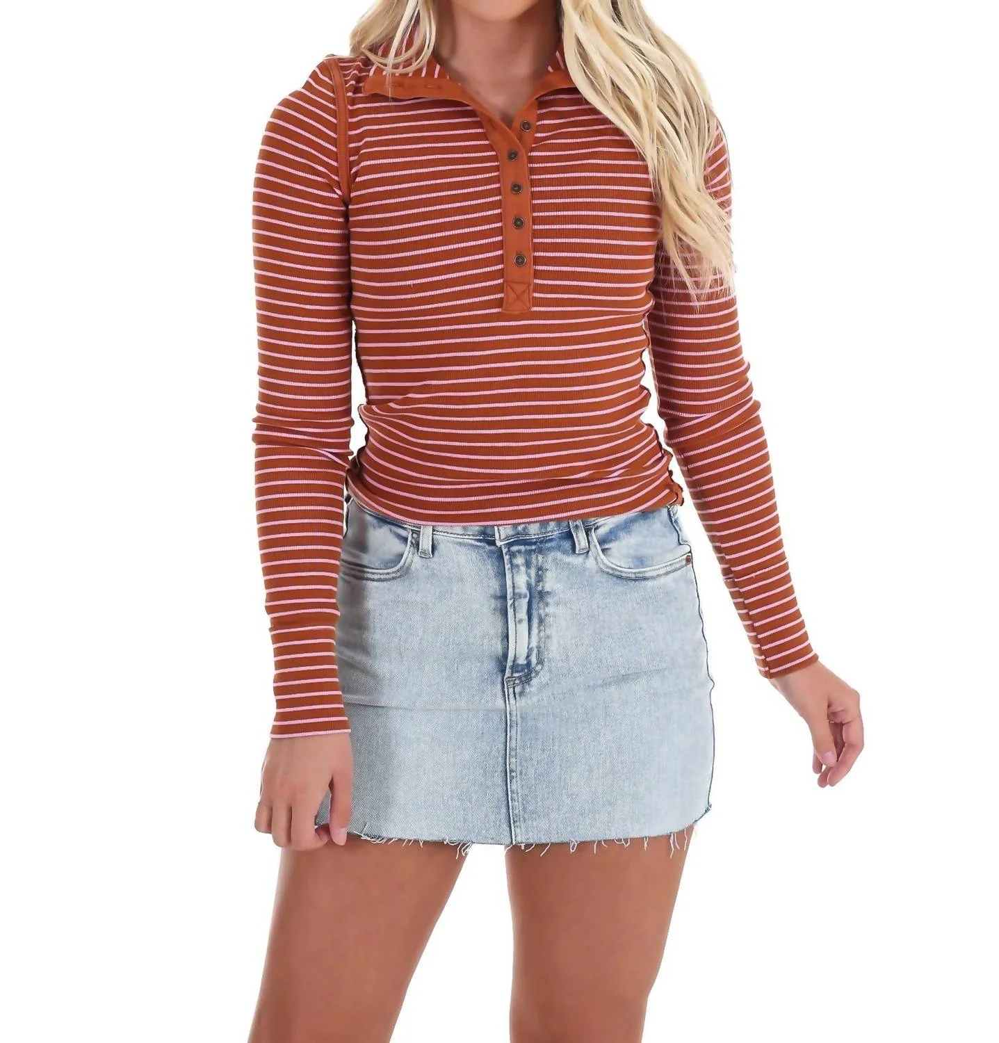 Lake Henley Stripe Top In Cinnamon Combo - Image 2