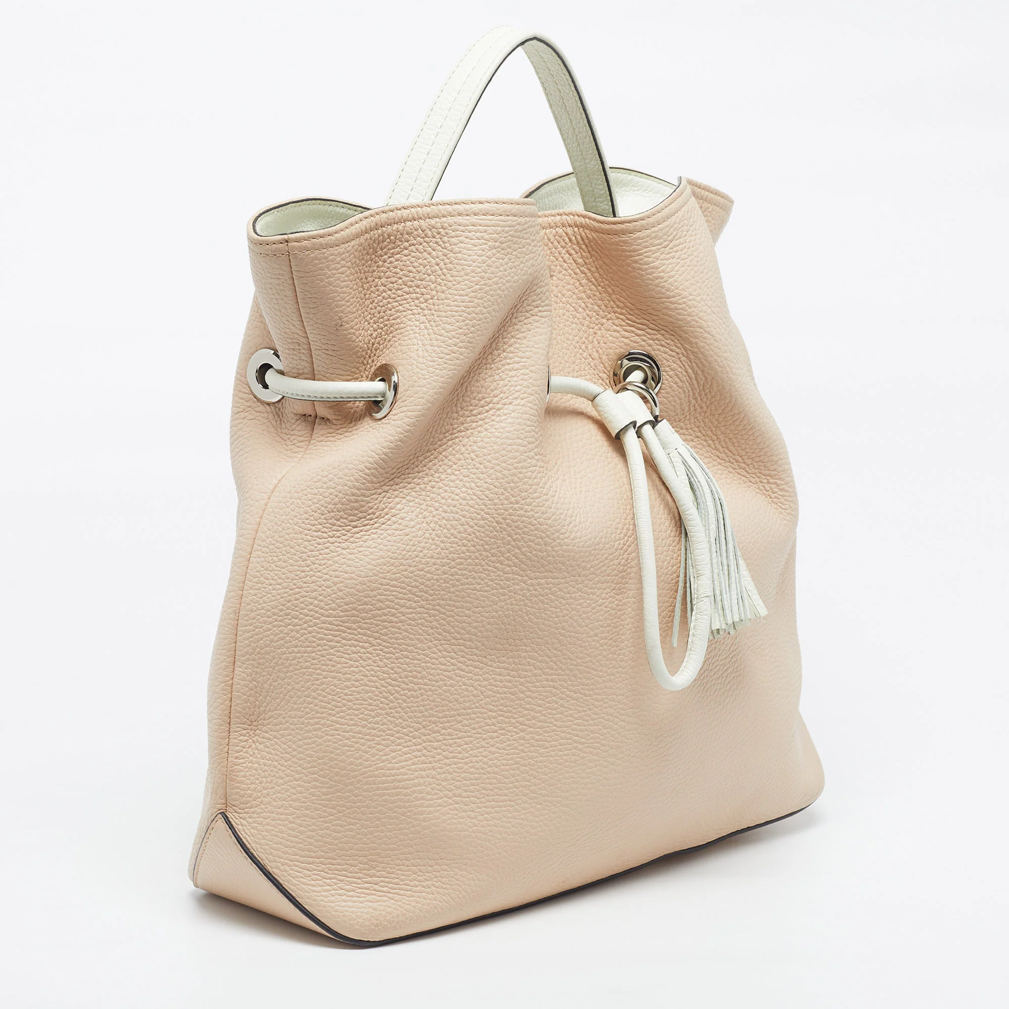 Lancel Drawstring Beige/white Leather Bucket Bag - Image 3