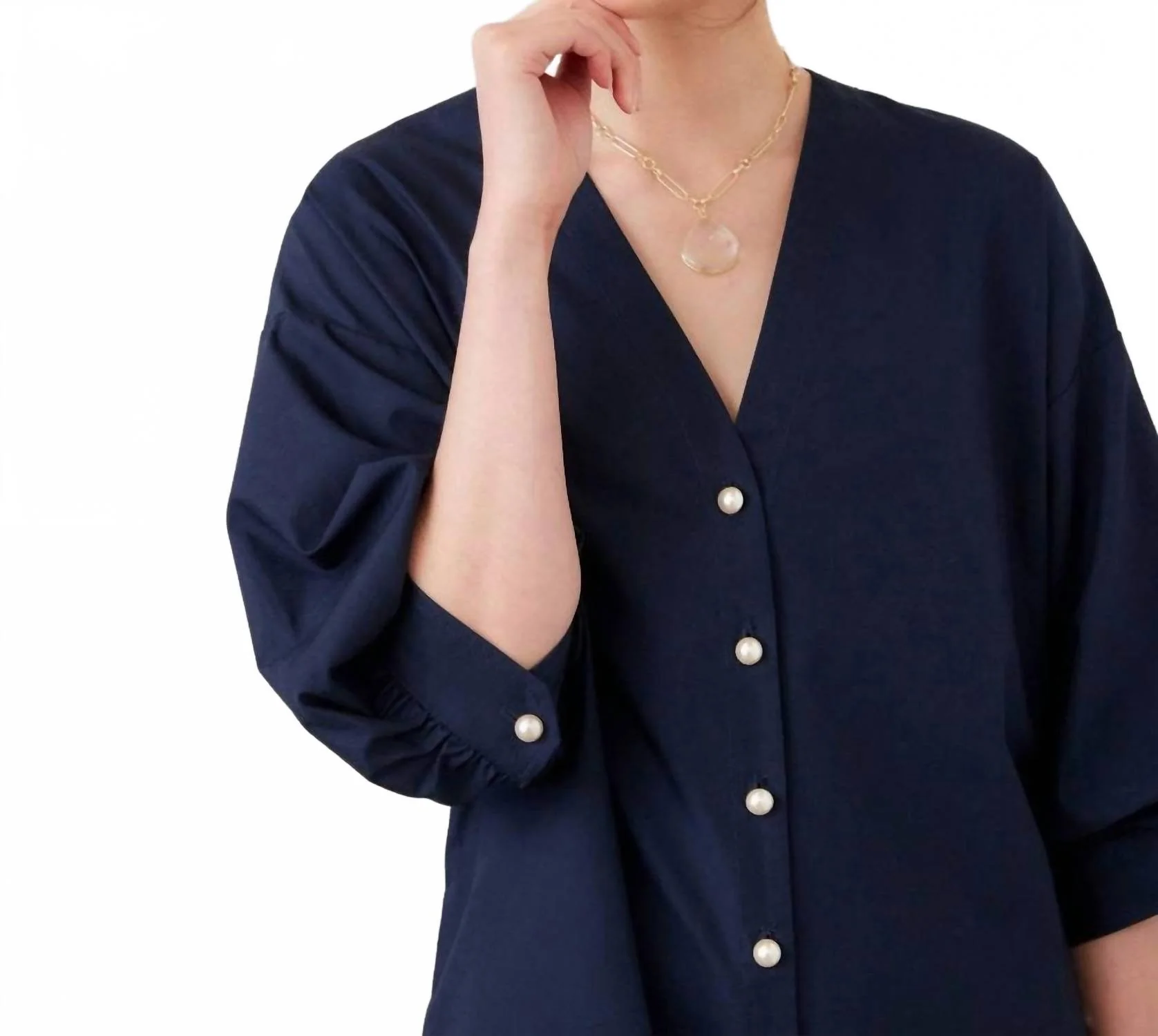 Lantern Sleeve Pearl Button-Front Mini Dress In Navy - Image 5