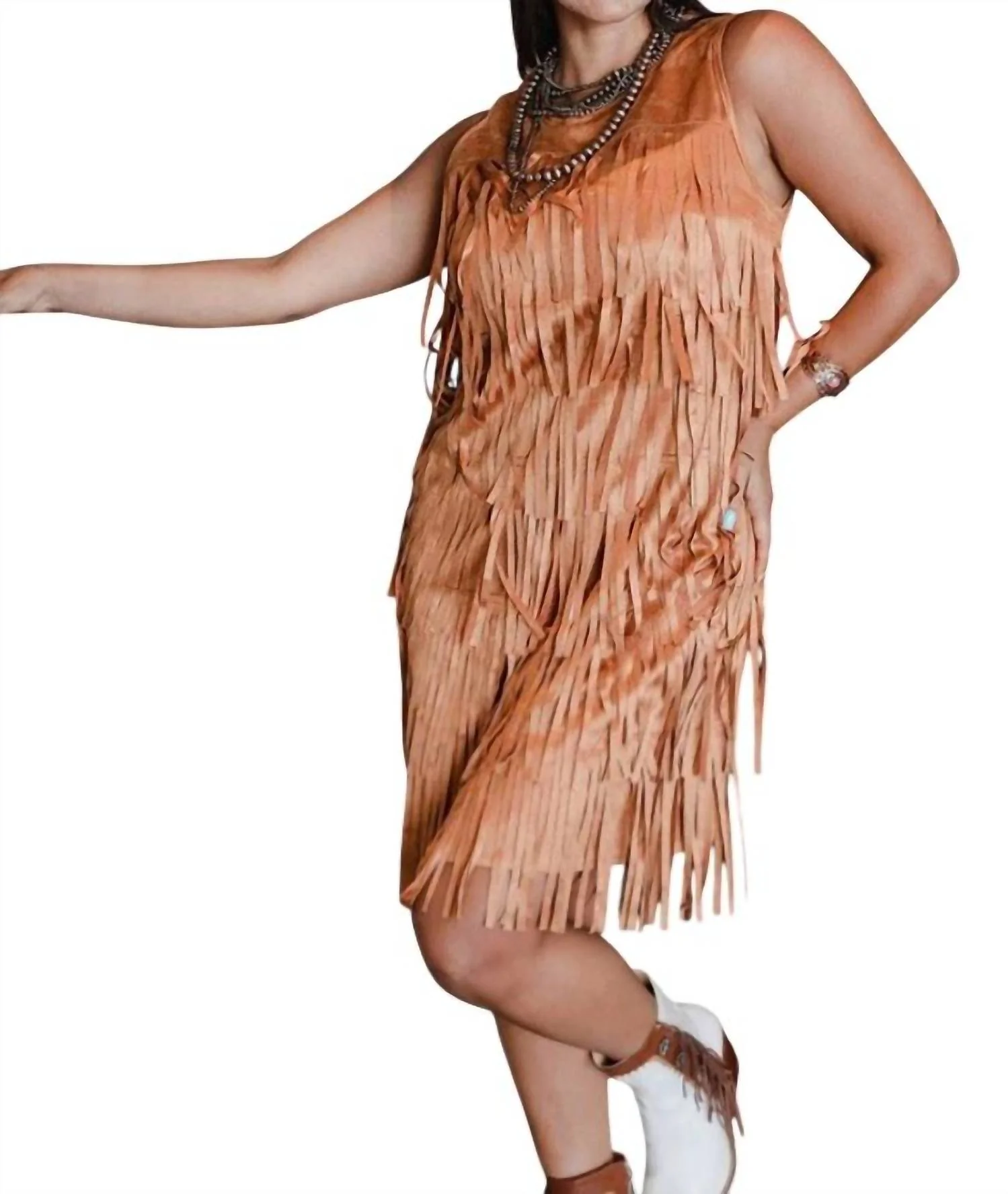Layered Fringe Mini Dress In Camel