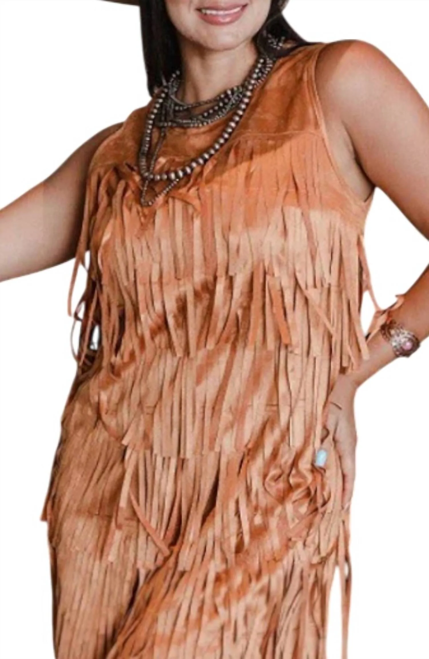 Layered Fringe Mini Dress In Camel - Image 2