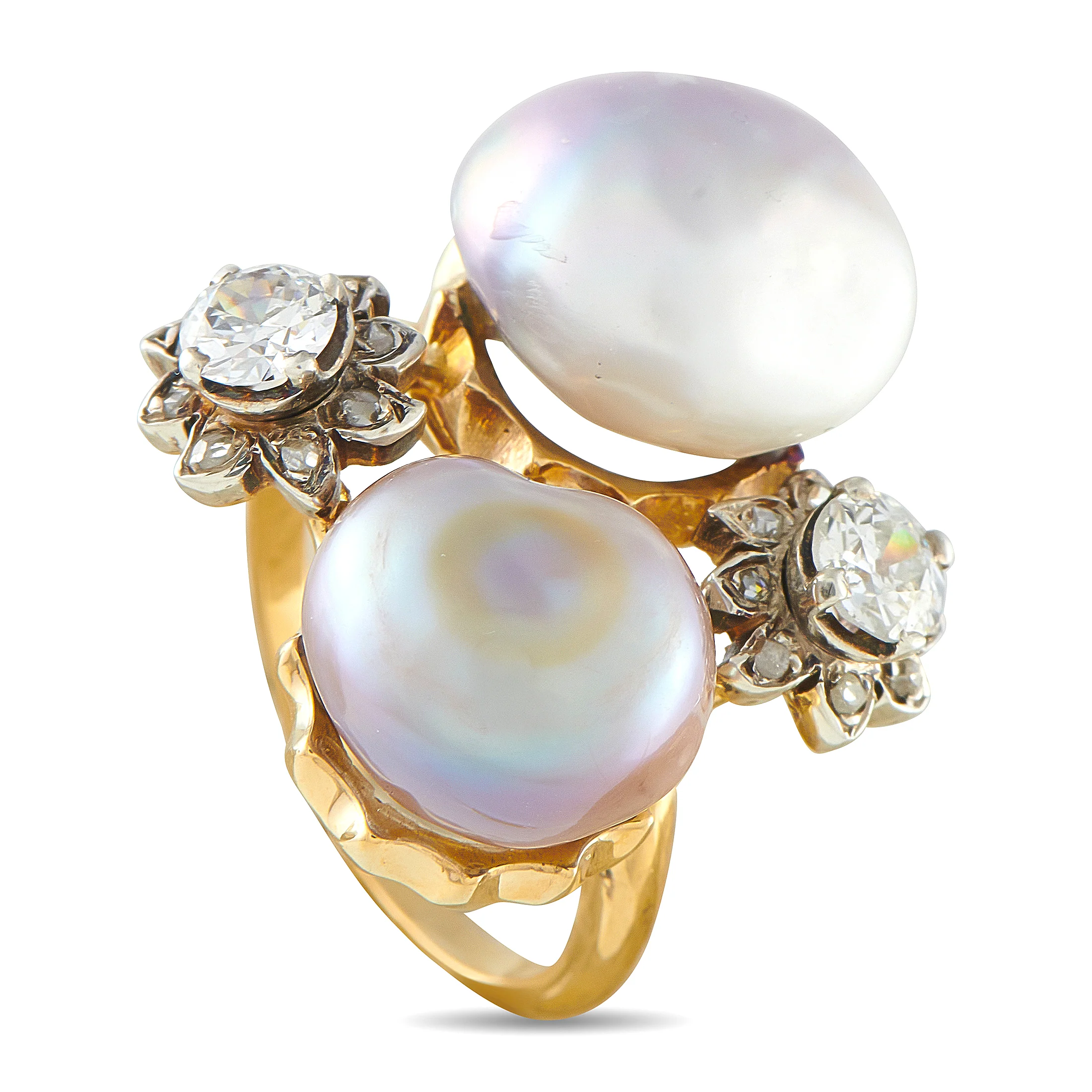 LB Exclusive Antique 18K Yellow Gold 0.50ct Diamond and Natural Pearl Ring 27378