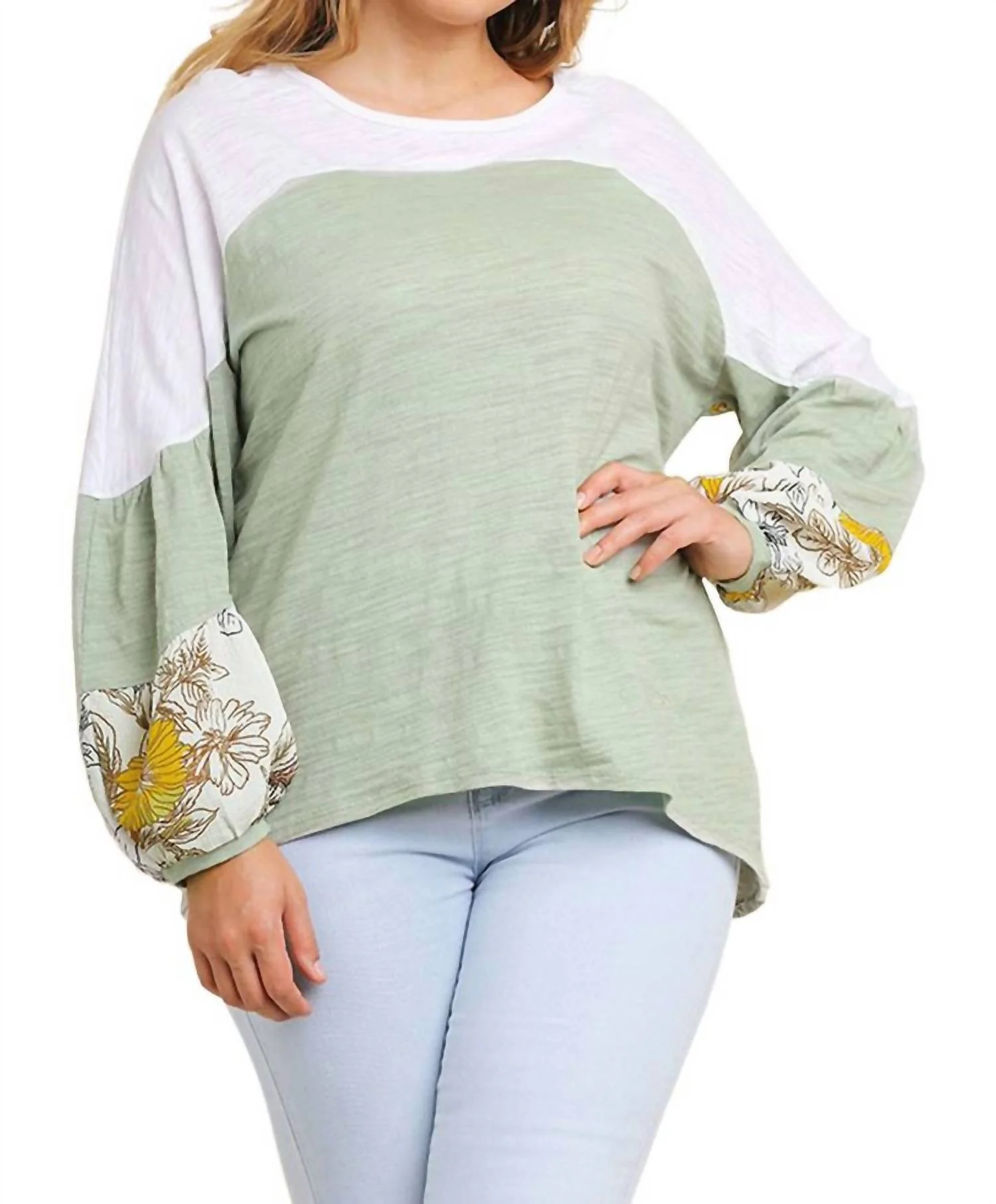 Leaf Puff Sleeve Colorblock Top In Sage