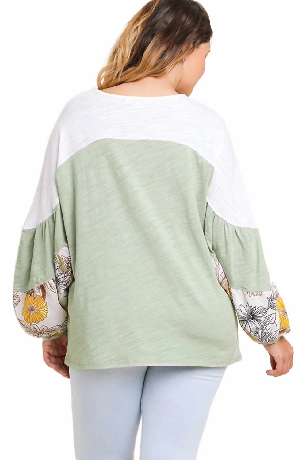 Leaf Puff Sleeve Colorblock Top In Sage - Image 2