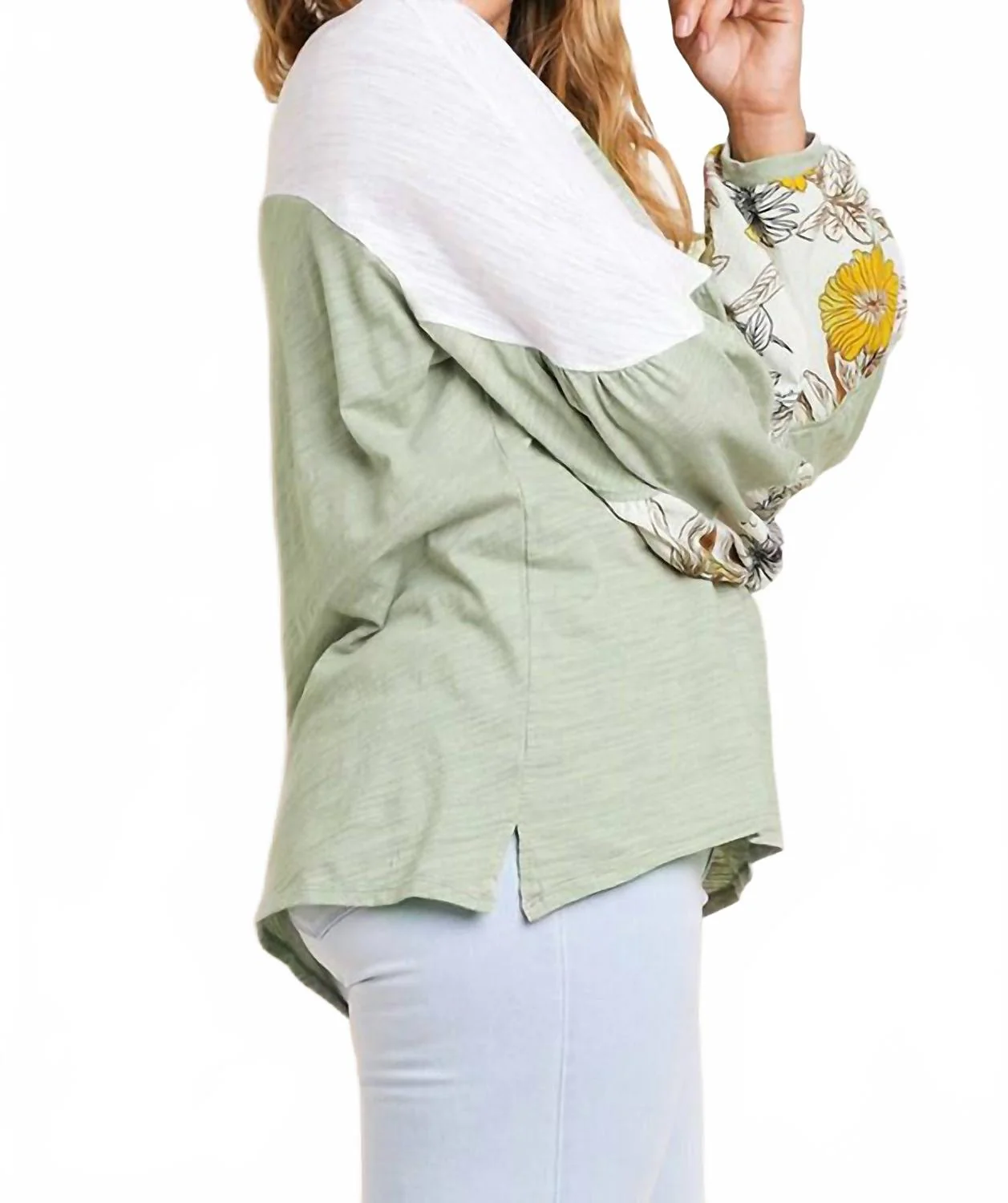 Leaf Puff Sleeve Colorblock Top In Sage - Image 3