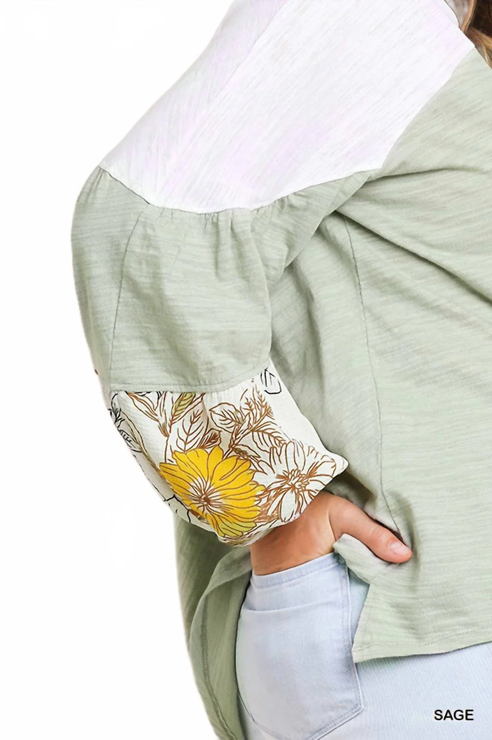 Leaf Puff Sleeve Colorblock Top In Sage - Image 4