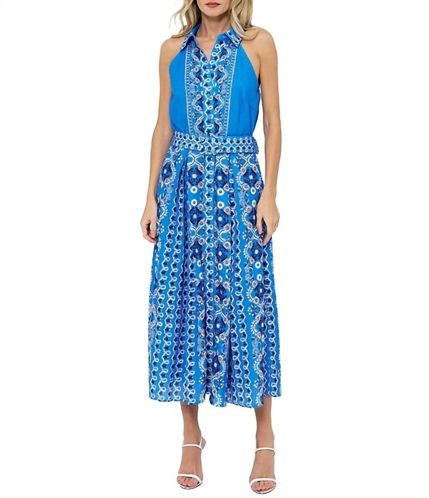 Leena Printed Halter Midi Dress In Blue Multi