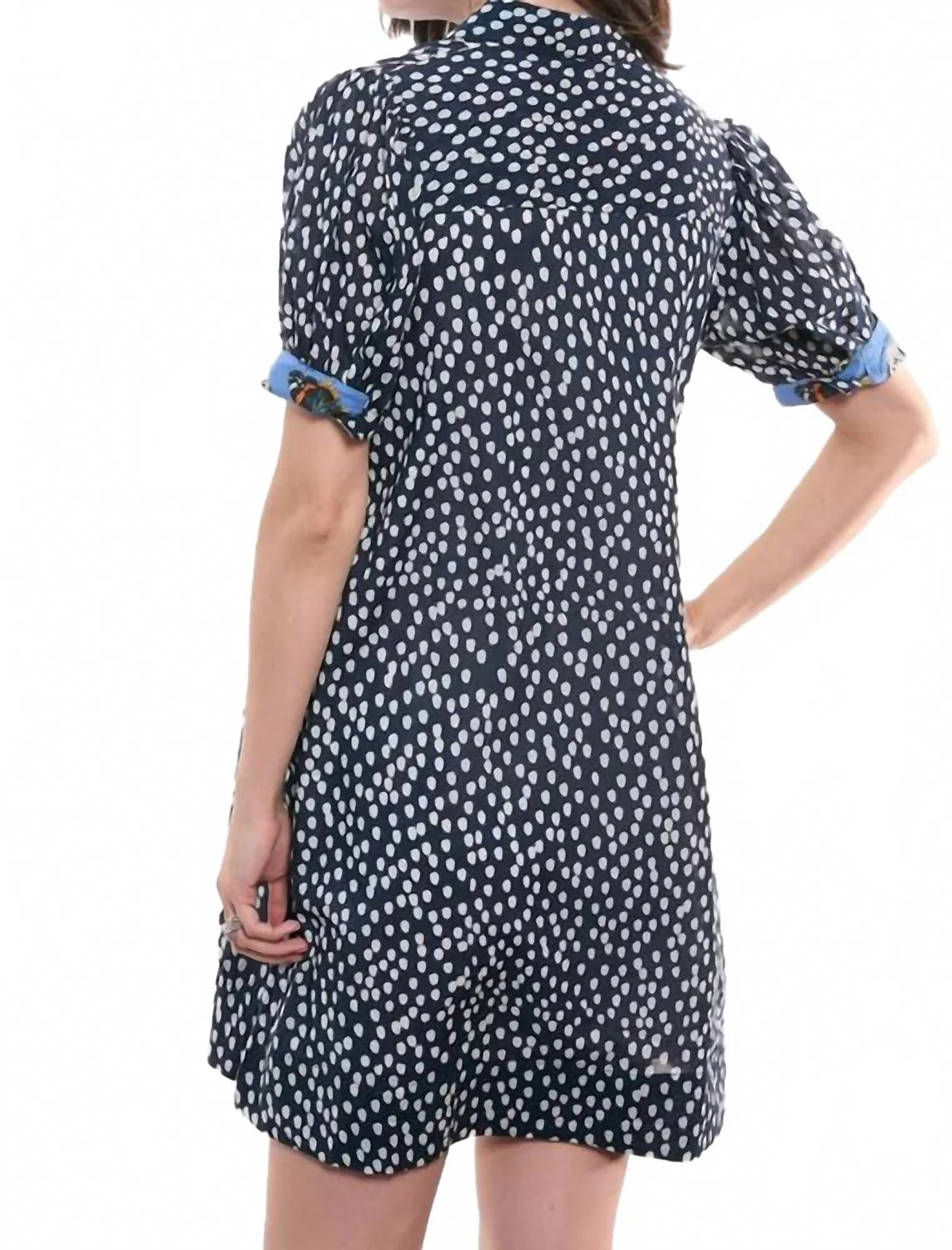 Left Bank Polka Dots Puff Sleeve Dress In Navy/ White - Image 2
