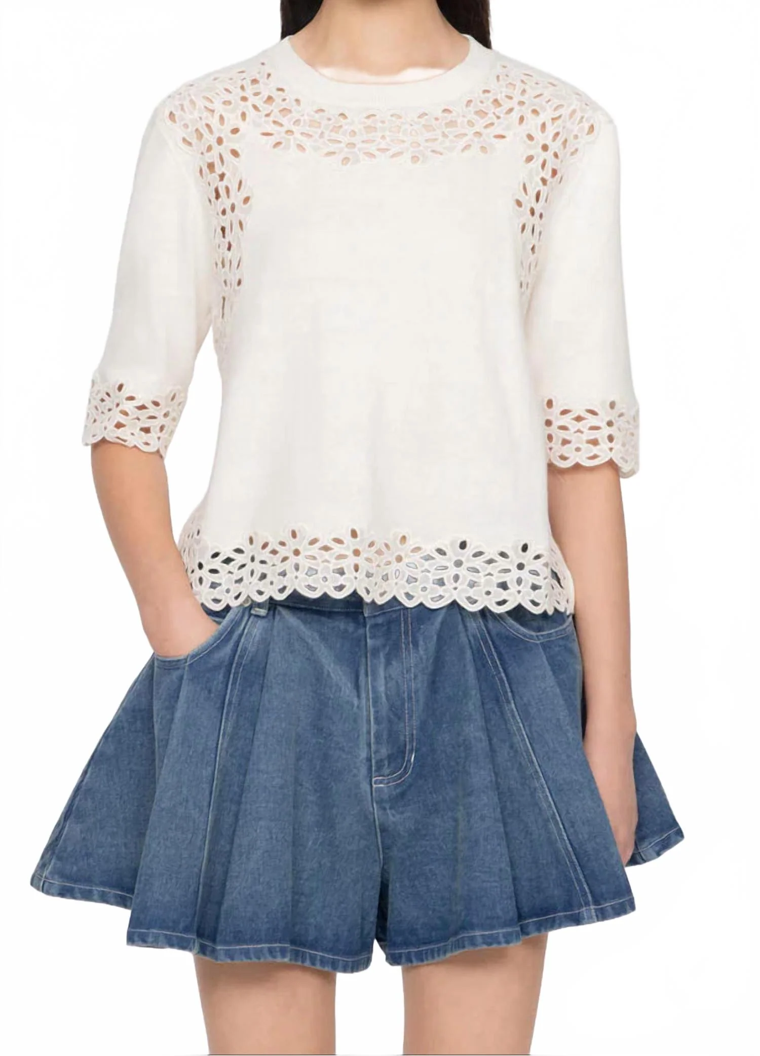 Leila Eyelet Short Sleeve Sweater In Cream