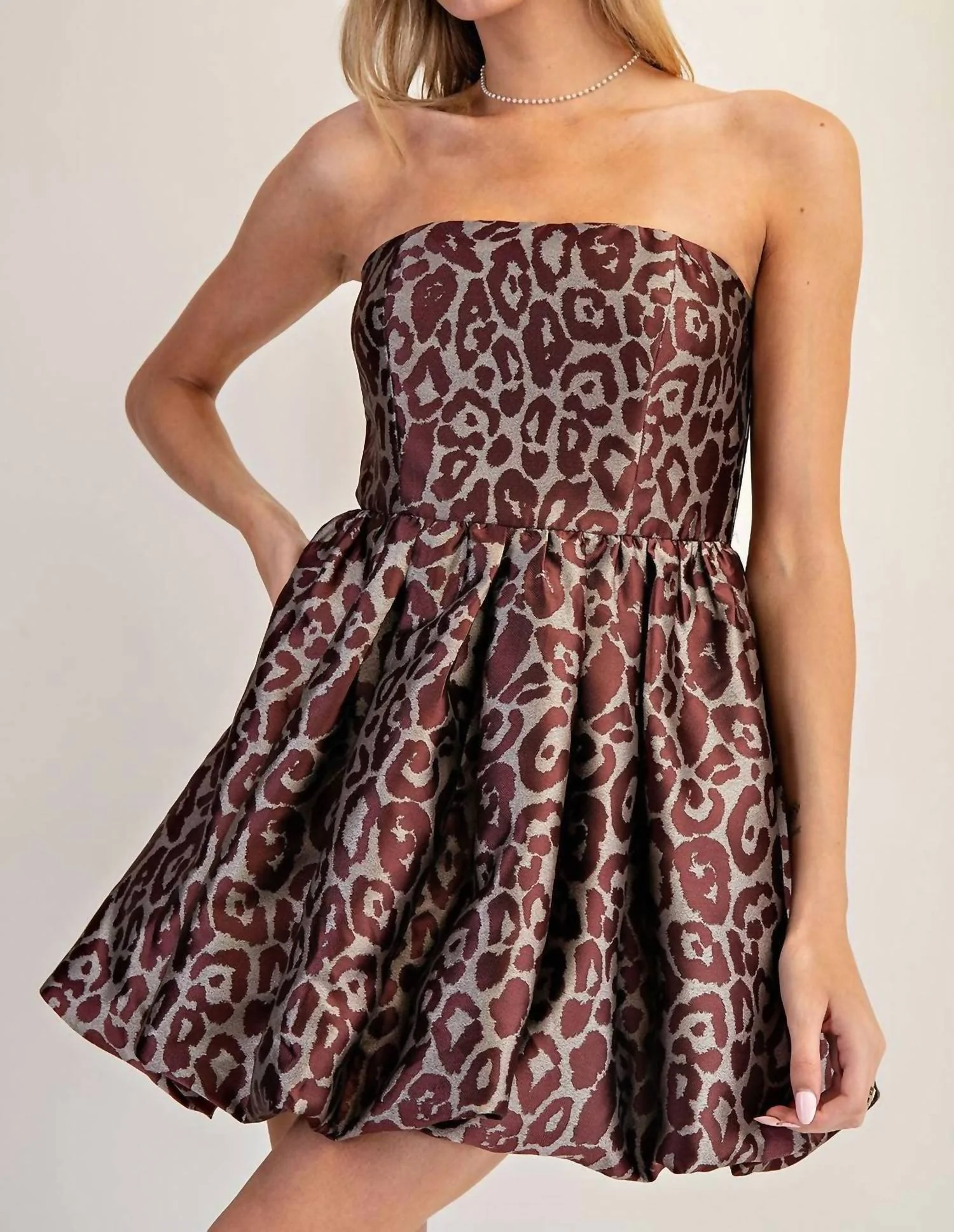Leopard Strapless Bubble Hem Dress In Brown - Image 2
