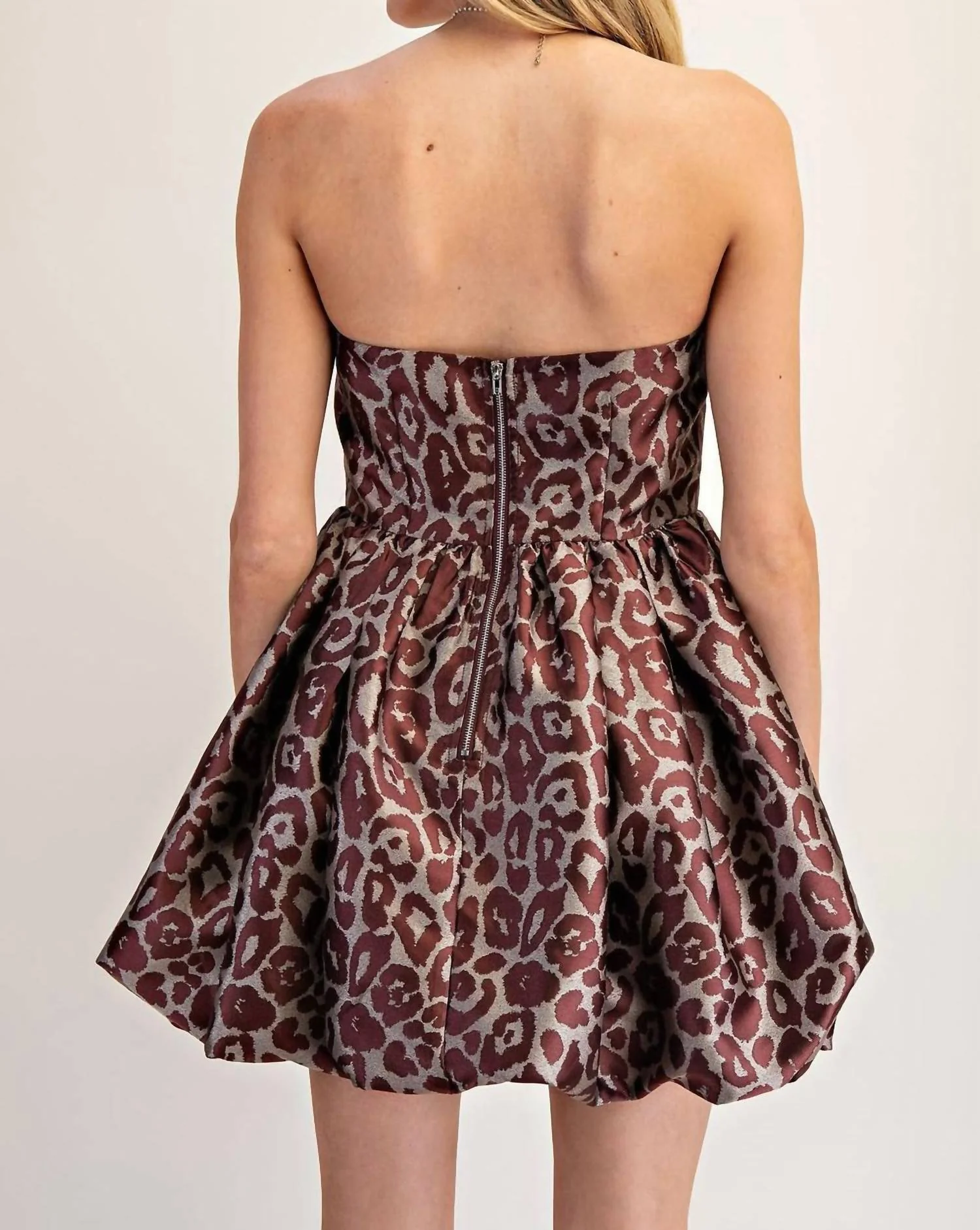 Leopard Strapless Bubble Hem Dress In Brown - Image 3