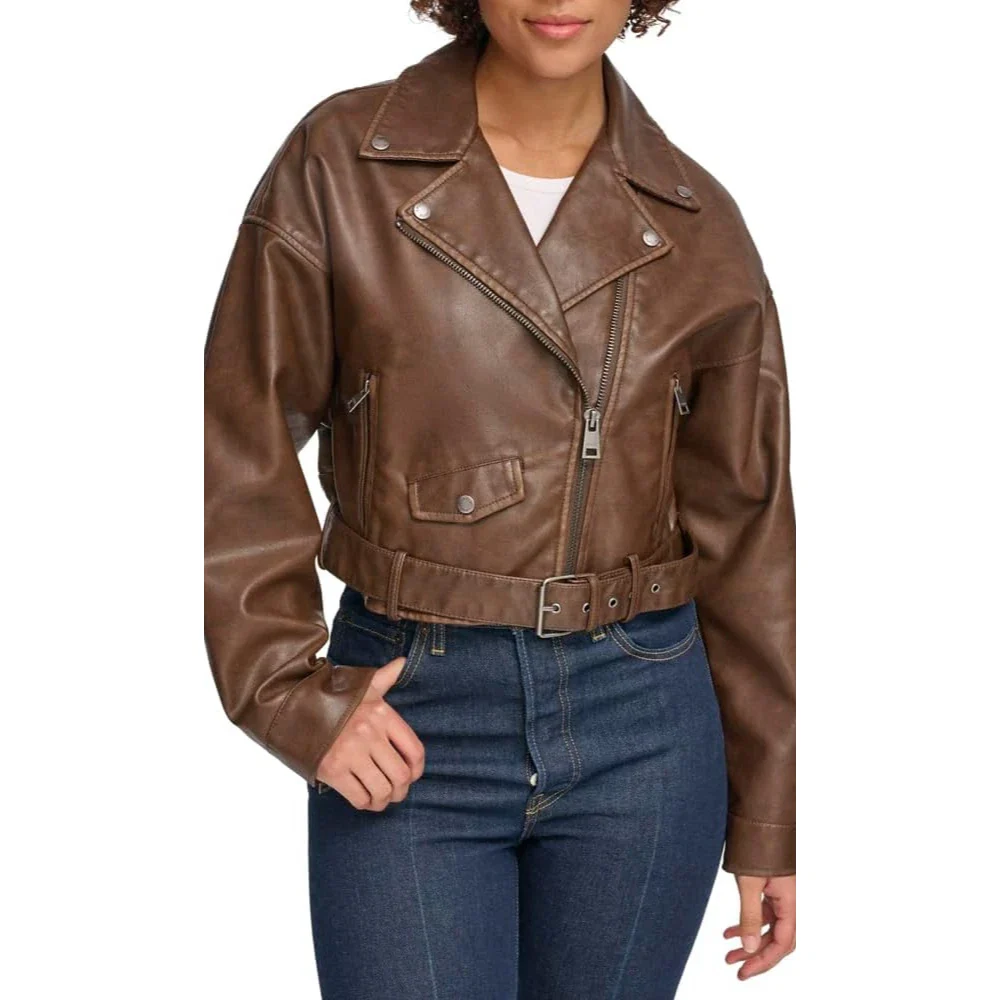 Levi's Belted Crop Moto Jacket Women's Saddle Faux Leather Full Zip FROG523