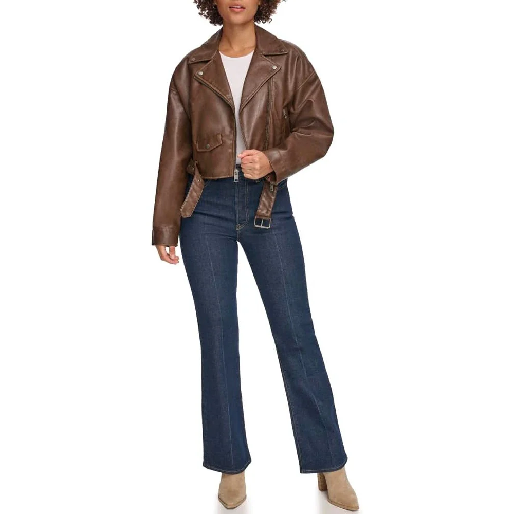 Levi's Belted Crop Moto Jacket Women's Saddle Faux Leather Full Zip FROG523 - Image 2