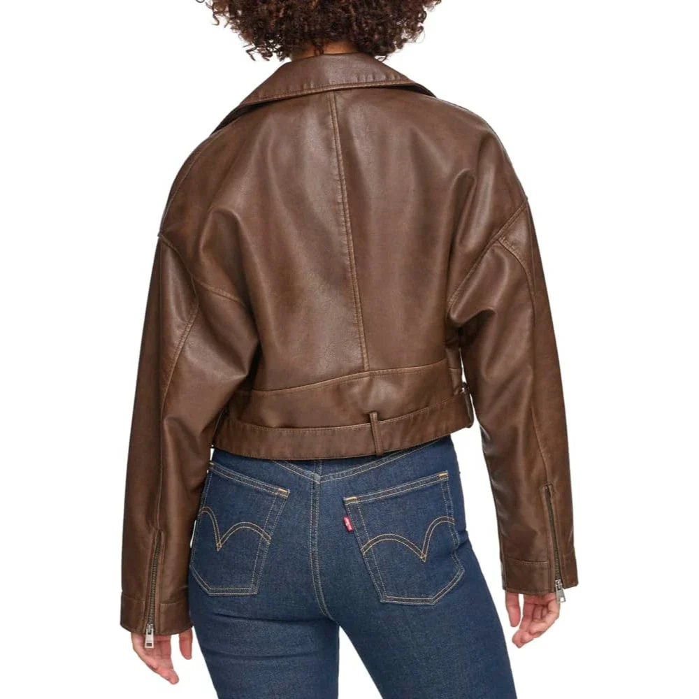 Levi's Belted Crop Moto Jacket Women's Saddle Faux Leather Full Zip FROG523 - Image 5