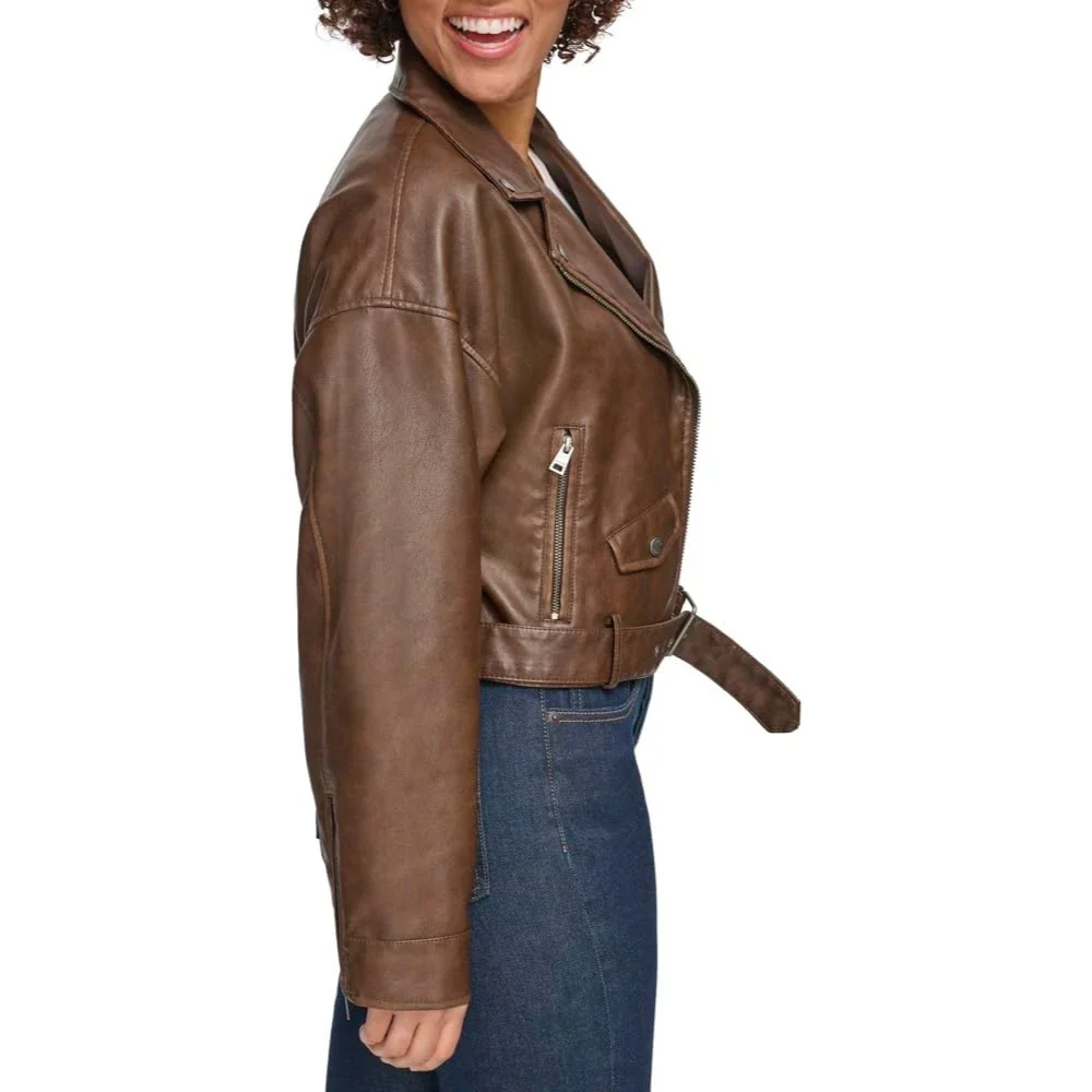 Levi's Belted Crop Moto Jacket Women's Saddle Faux Leather Full Zip FROG523 - Image 6