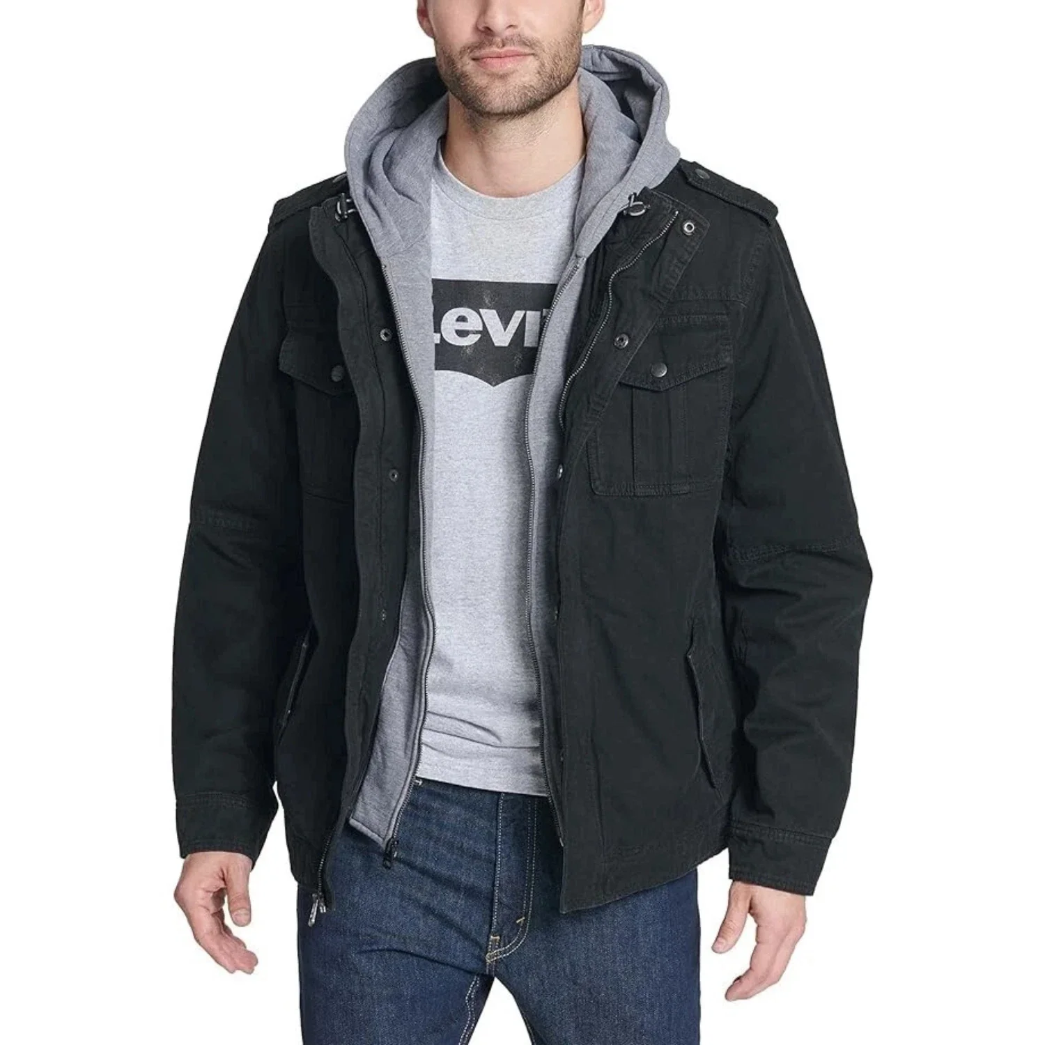 Levi's Trucker Jacket Mens Black Sherpa Snap Button Full Zip Hooded JZZ905