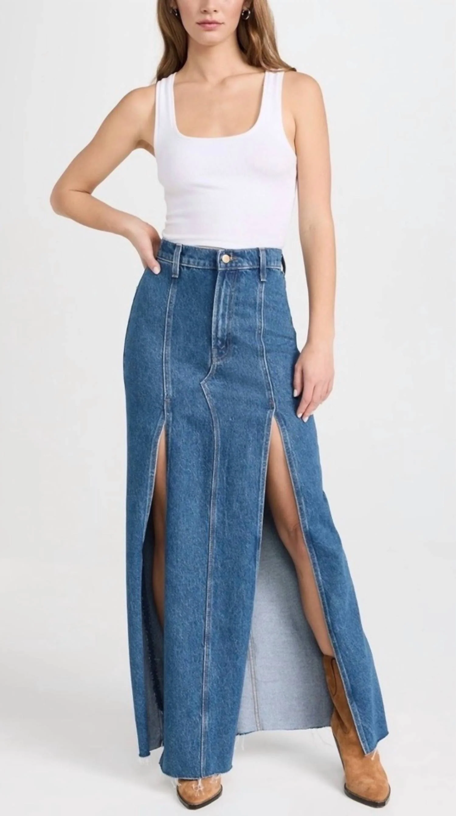 Lickity Split Fray Denim Maxi Skirt In Blue