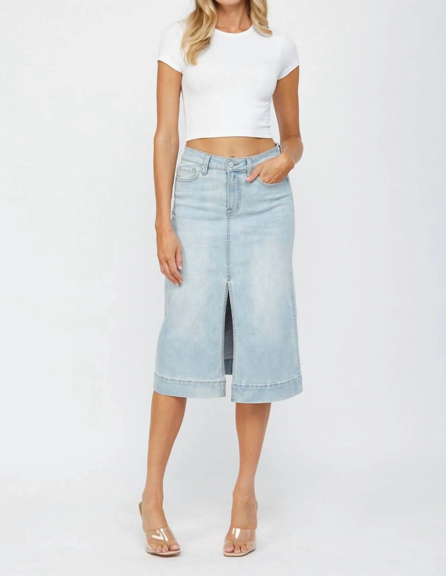 Light Wash Denim Midi Skirt In Blue