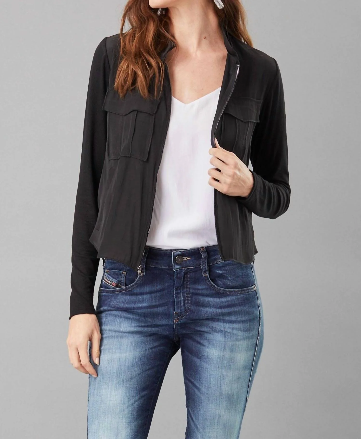 Lightweight Satin Utility Jacket In Black