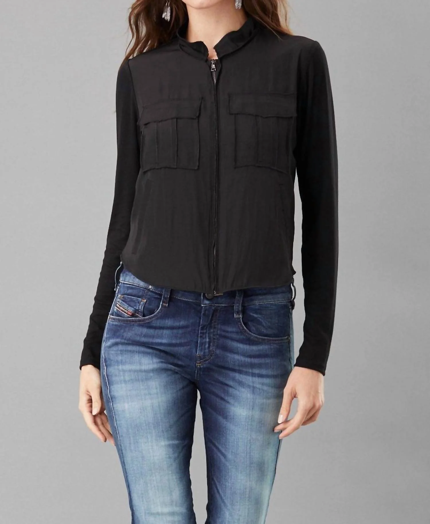 Lightweight Satin Utility Jacket In Black - Image 3