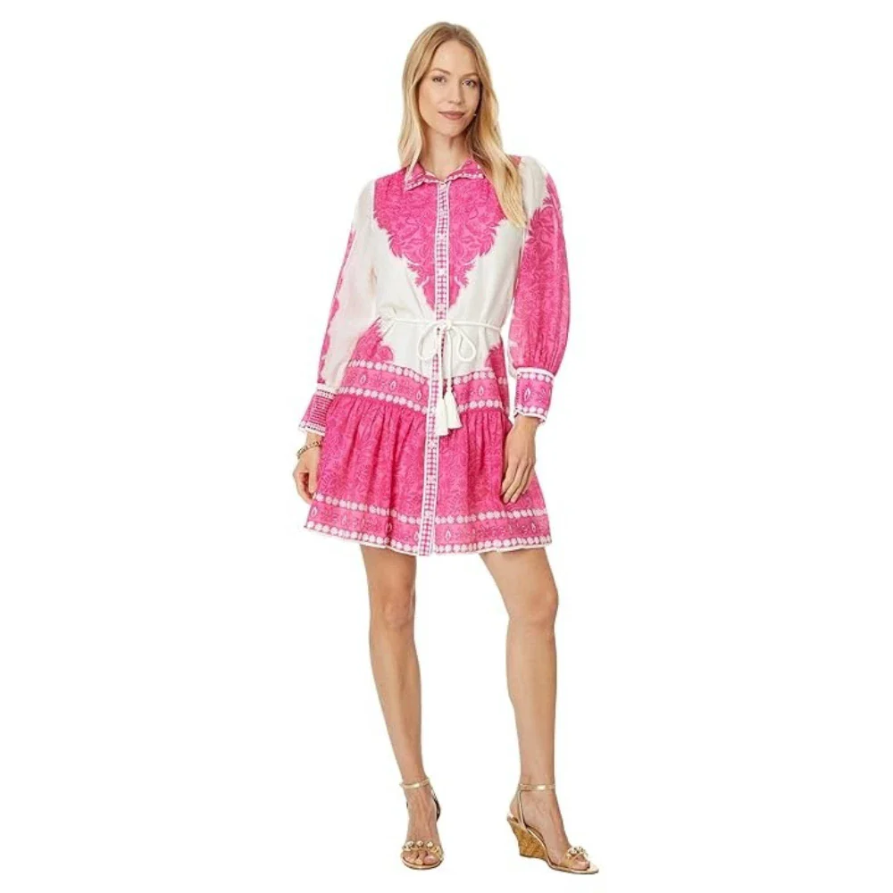 Lilly Pulitzer Drena Shirt Dress Womens Fruit Pink Ruffle Hem Tassel Tie FROG372 - Image 3