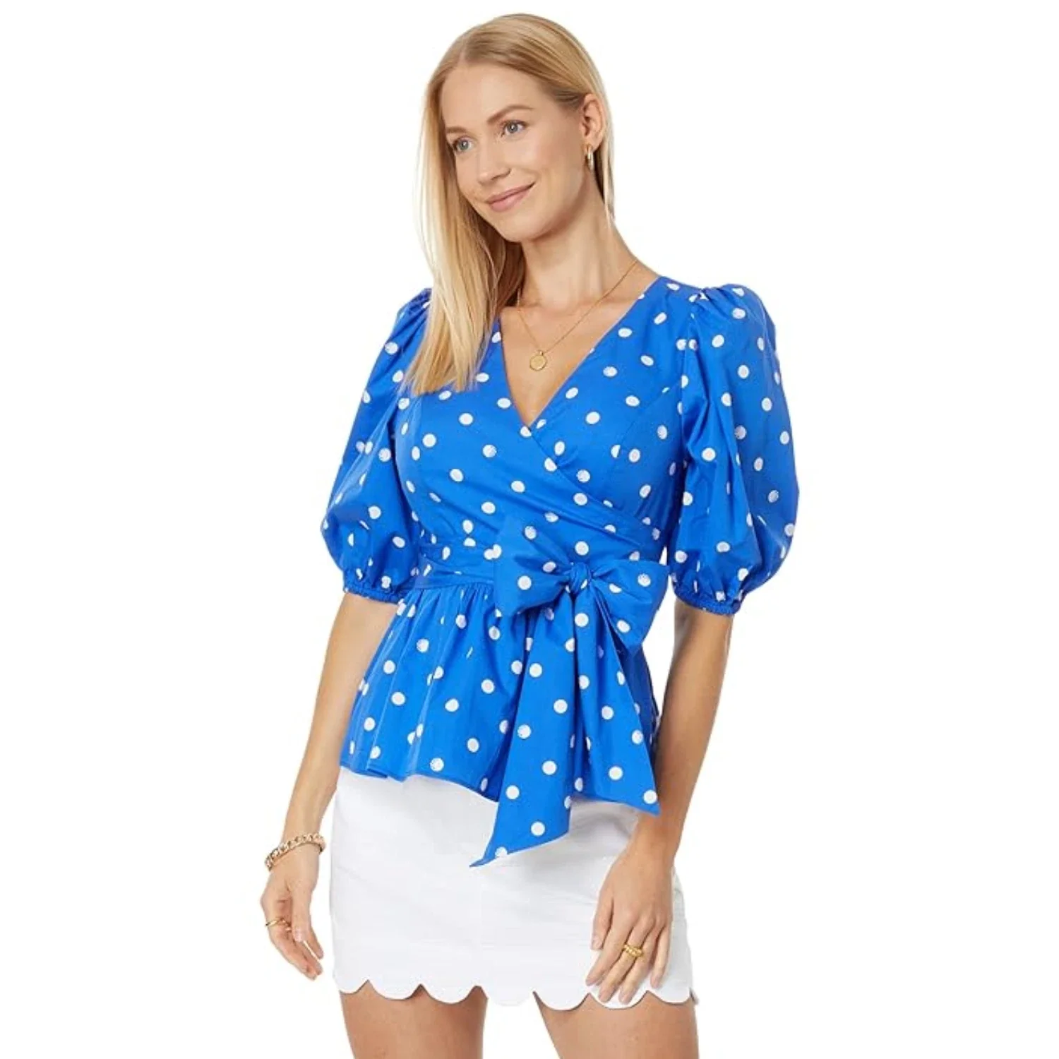 Lilly Pulitzer Kara Top Women's Blue Polka Dot Wrap Front Puff Sleeve FROG242