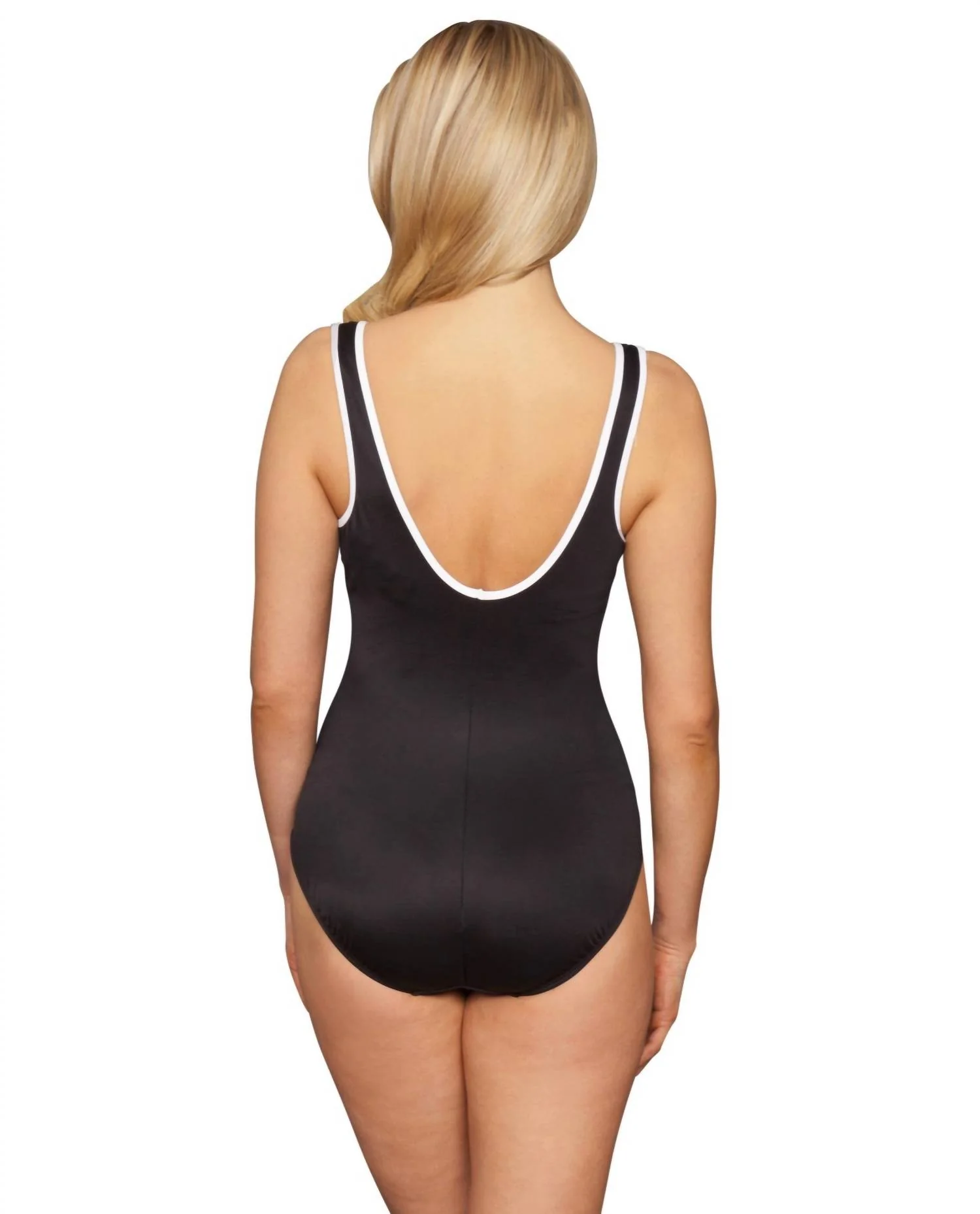 Line Drive Shirred Racer One Piece Swimsuit In Black - Image 2