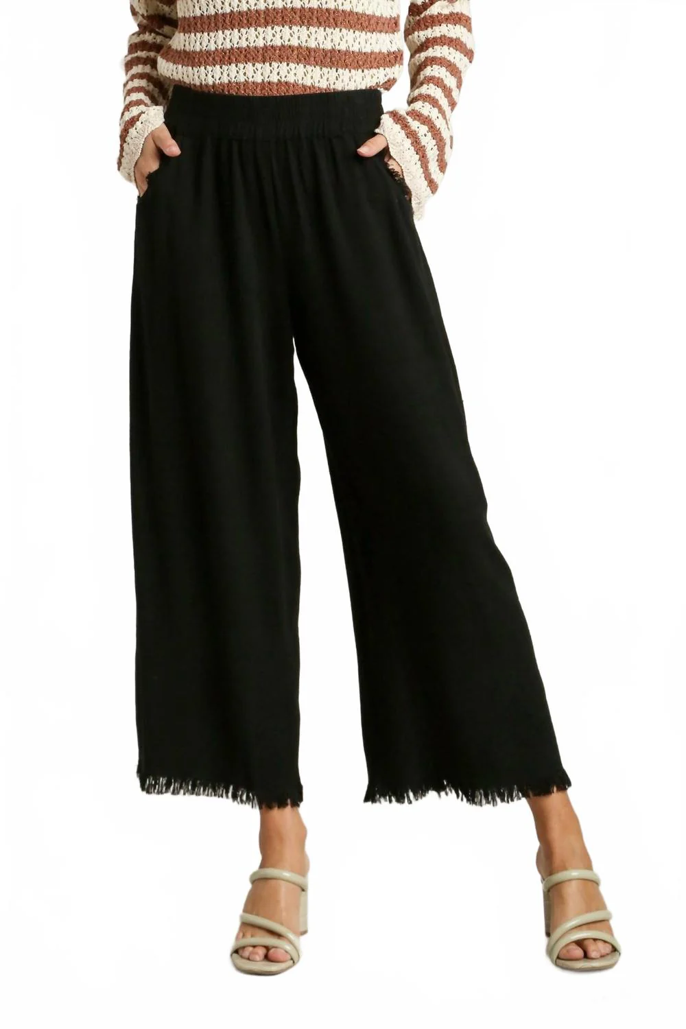Linen Blend Elastic Waistband Pants In Black