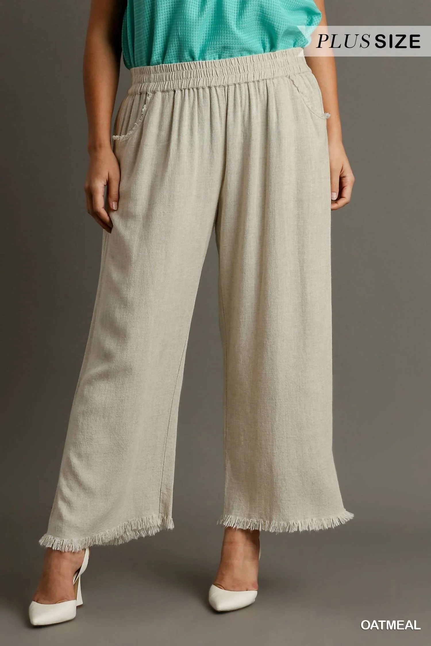 Linen Blend Elastic Waistband Pants In Oatmeal - Image 2