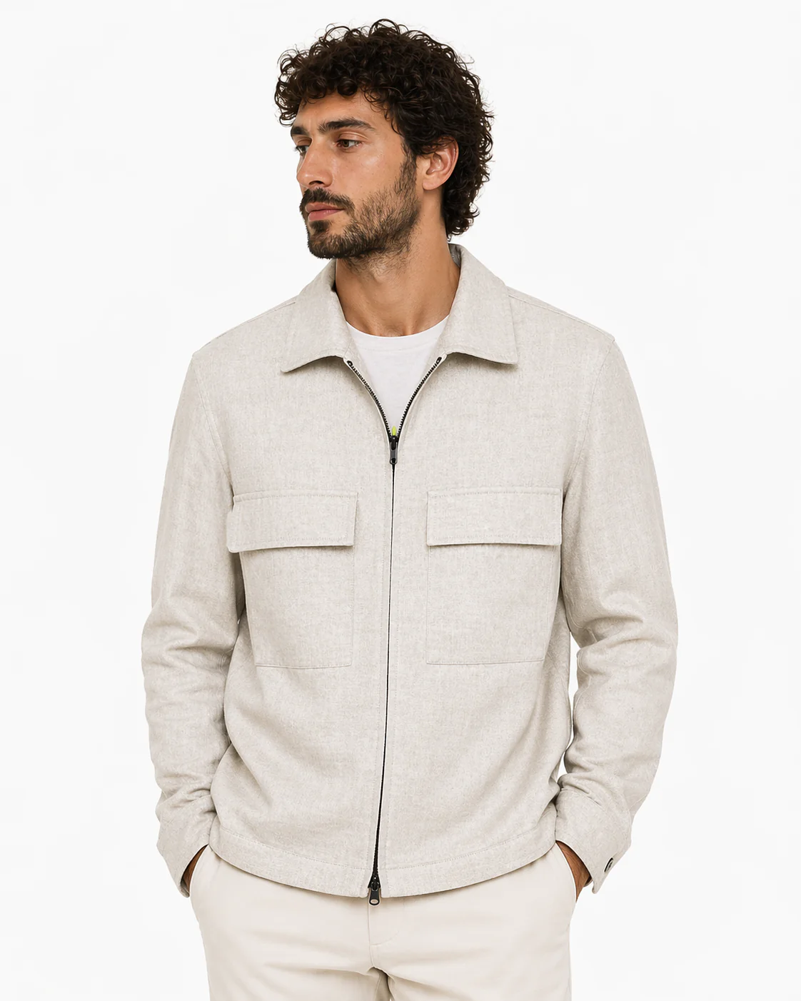 Linen Front Zip Classic Collar Jacket - Image 3