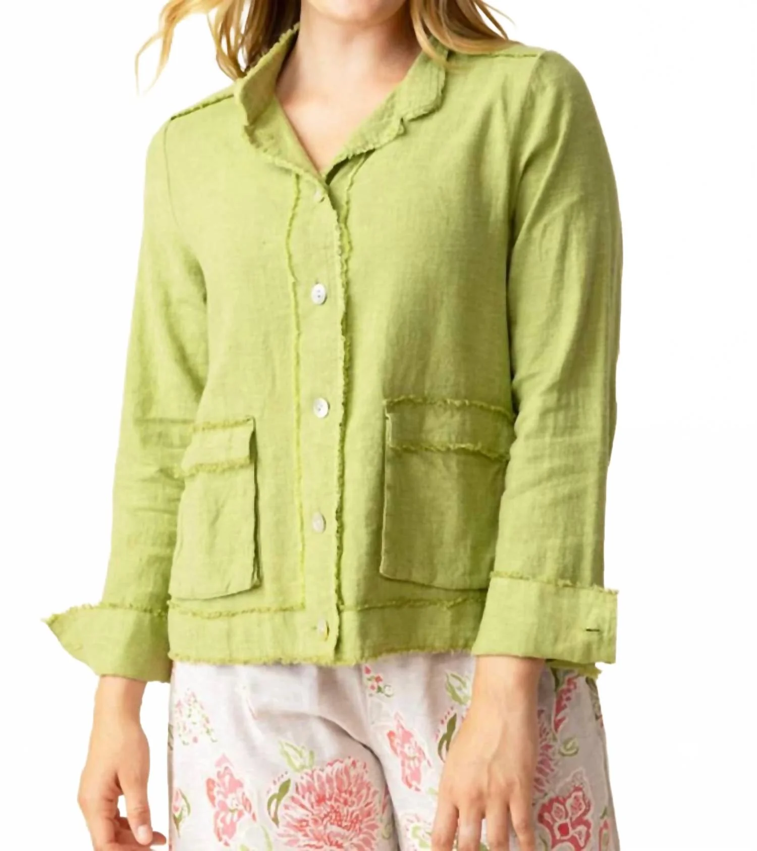 Linen Solid Summer Breeze Jacket In Leaf Green