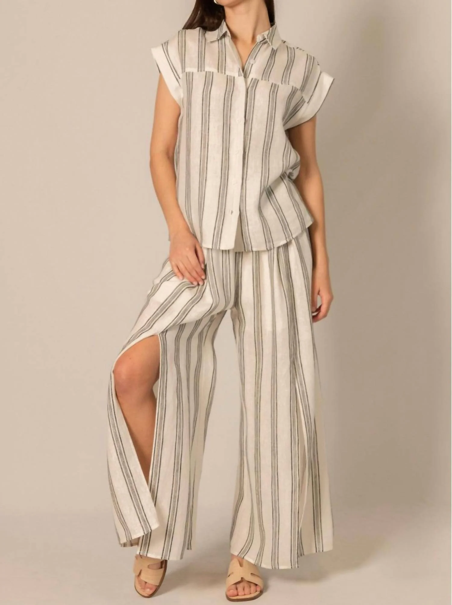 Linen Wide Leg Pants In Black/ivory Stripes - Image 2