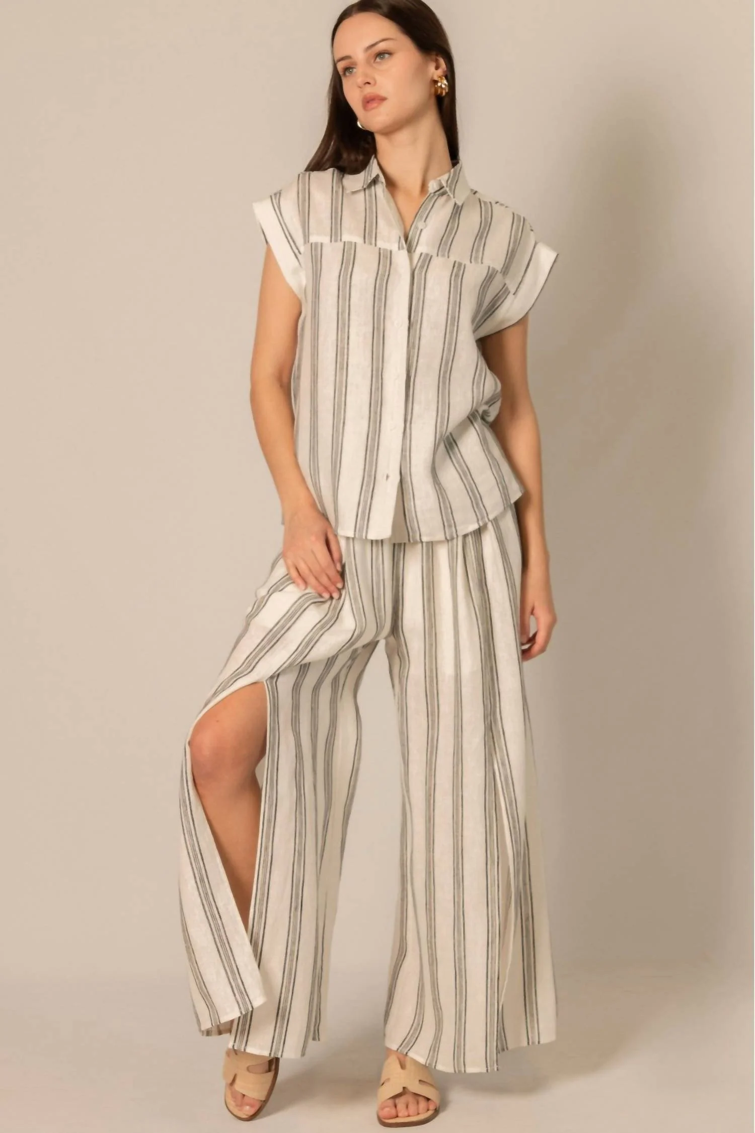 Linen Wide Leg Pants In Black/ivory Stripes - Image 3