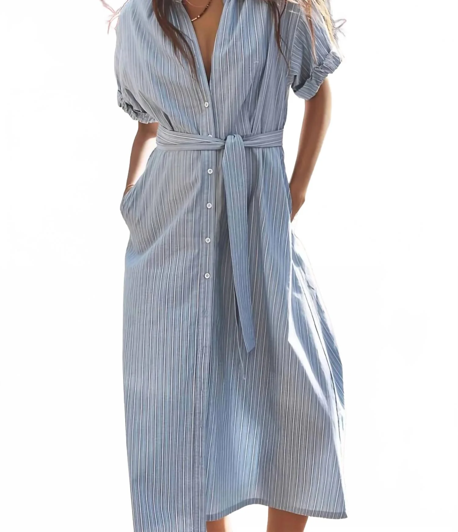 Liora Midi Dress In Chambray Teal Stripe