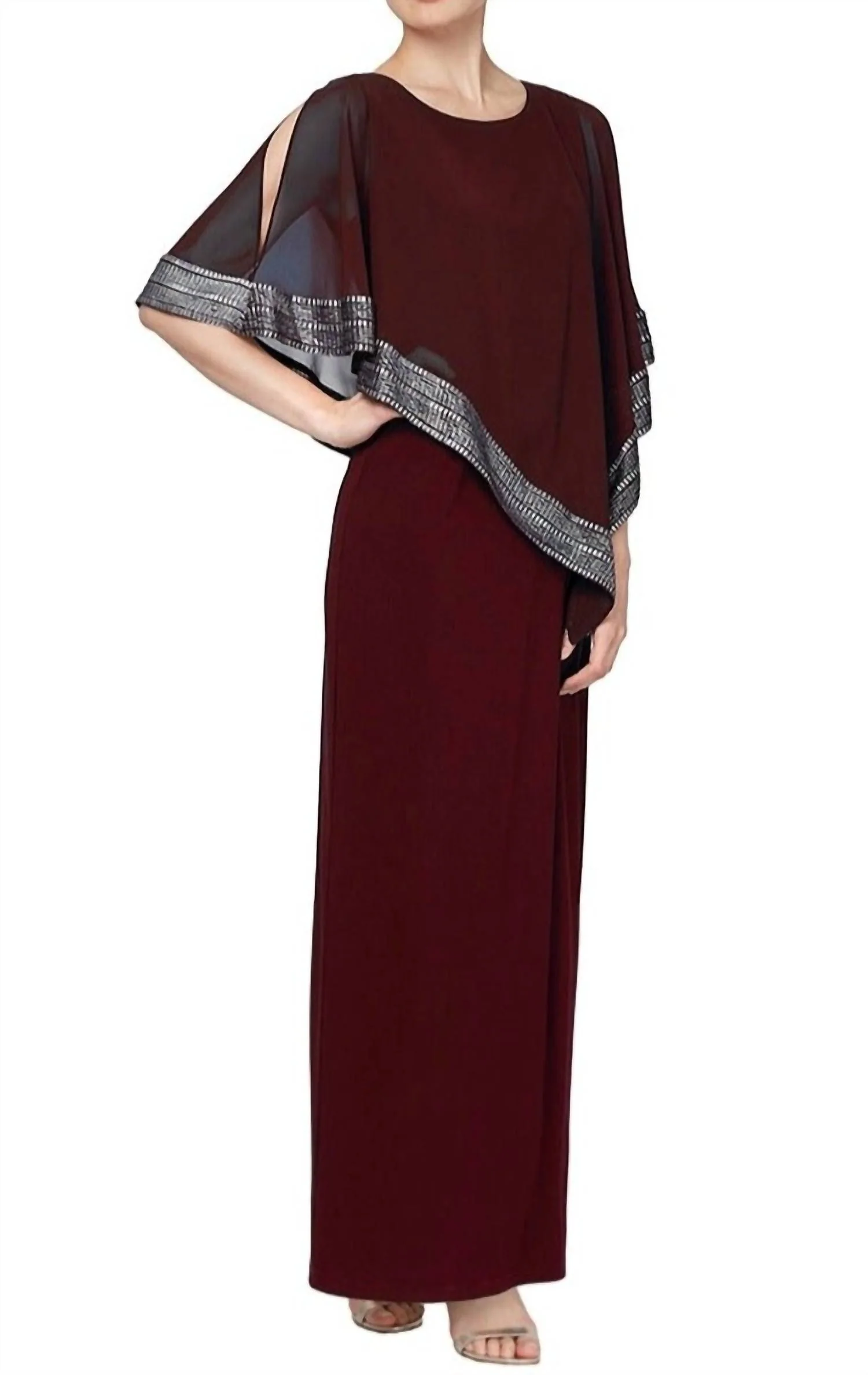 Long Asymmetrical Cape Overlay Dress In Fig