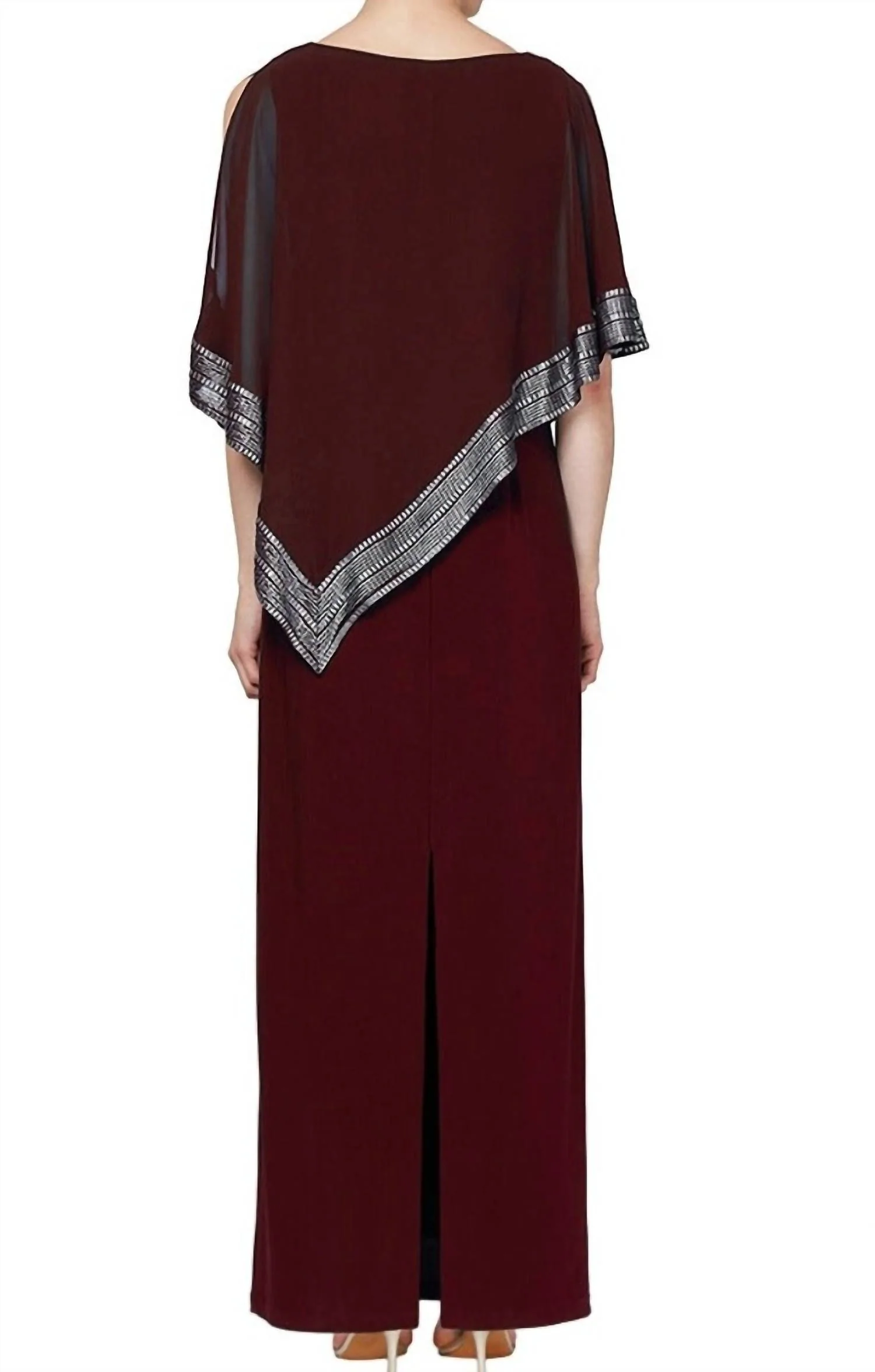 Long Asymmetrical Cape Overlay Dress In Fig - Image 2
