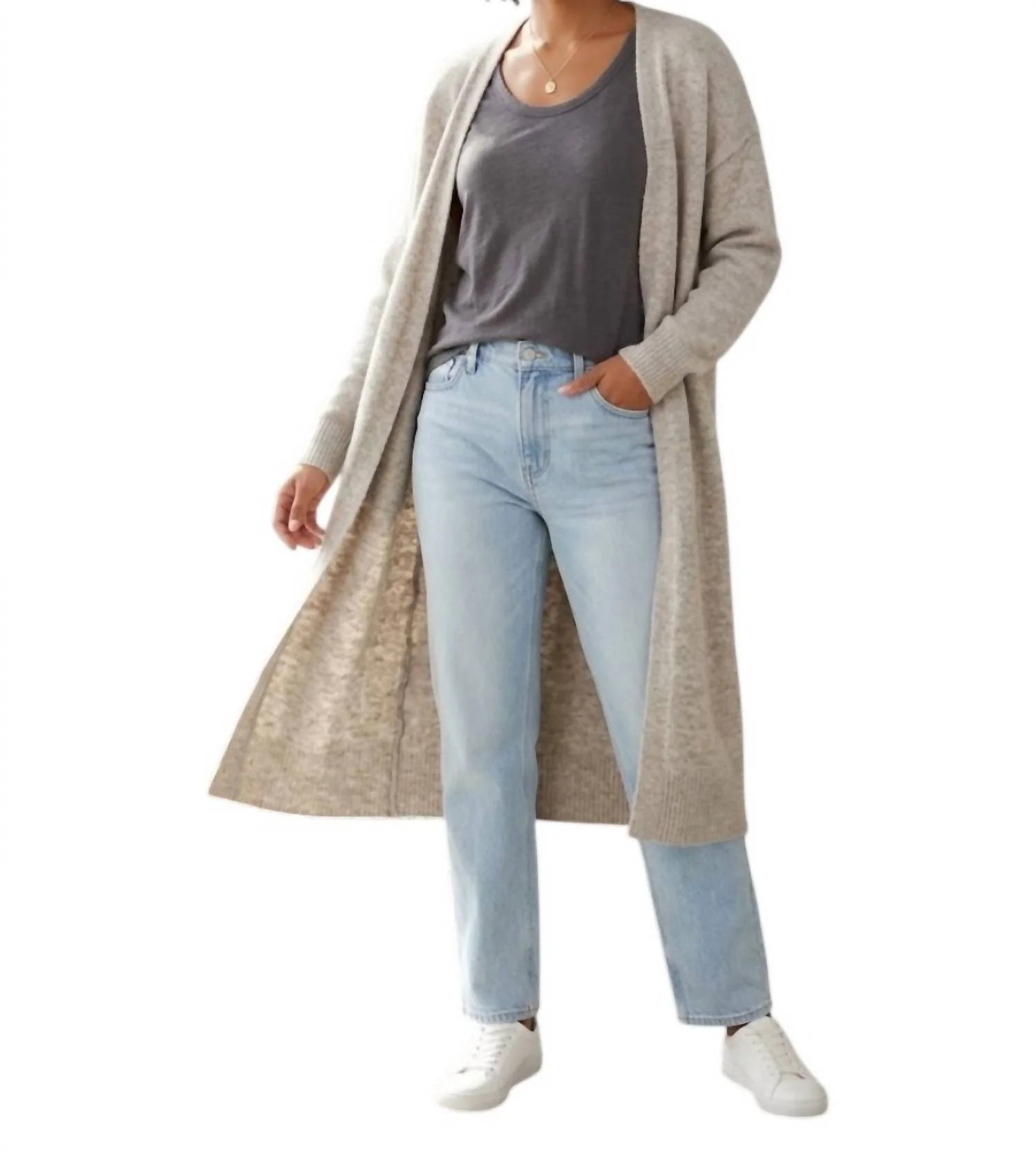 Long Open Front Cardigan In Heather Stone